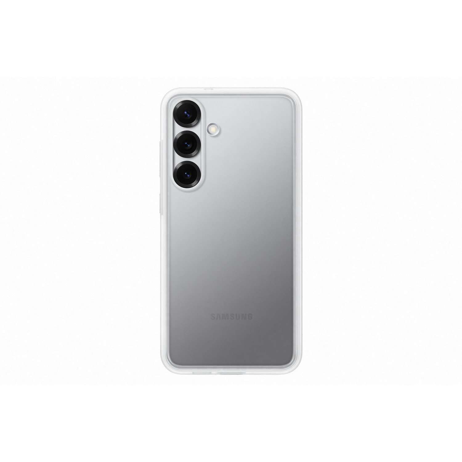 Téléphone avec coque transparente, triple caméra, fond blanc. Logo Samsung visible.