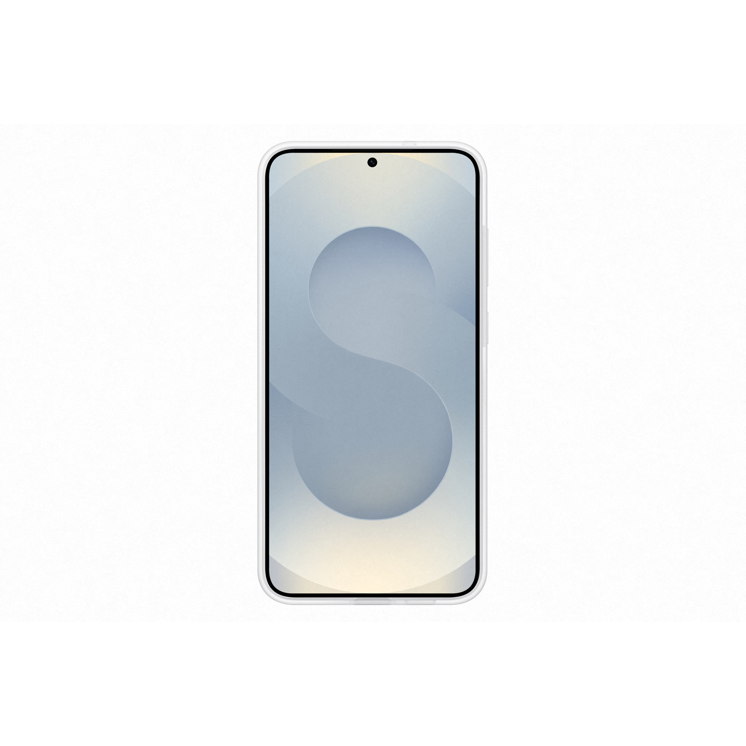 Un téléphone blanc affichant un design S abstrait sur fond blanc.