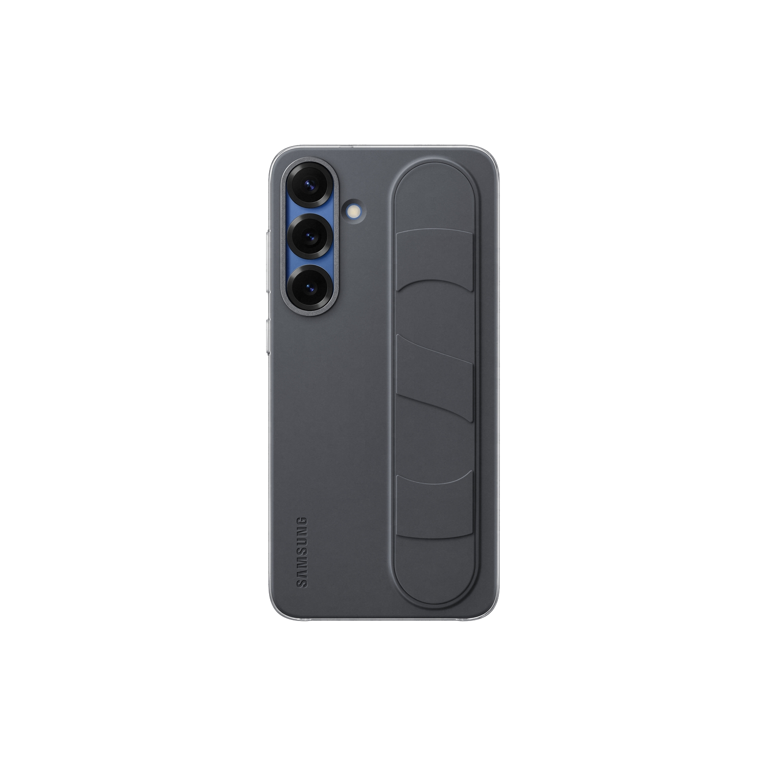 Donkergrijze Samsung telefoonachterkant met drie camera's en een handvatachtig ontwerp. Samsung logo is zichtbaar.