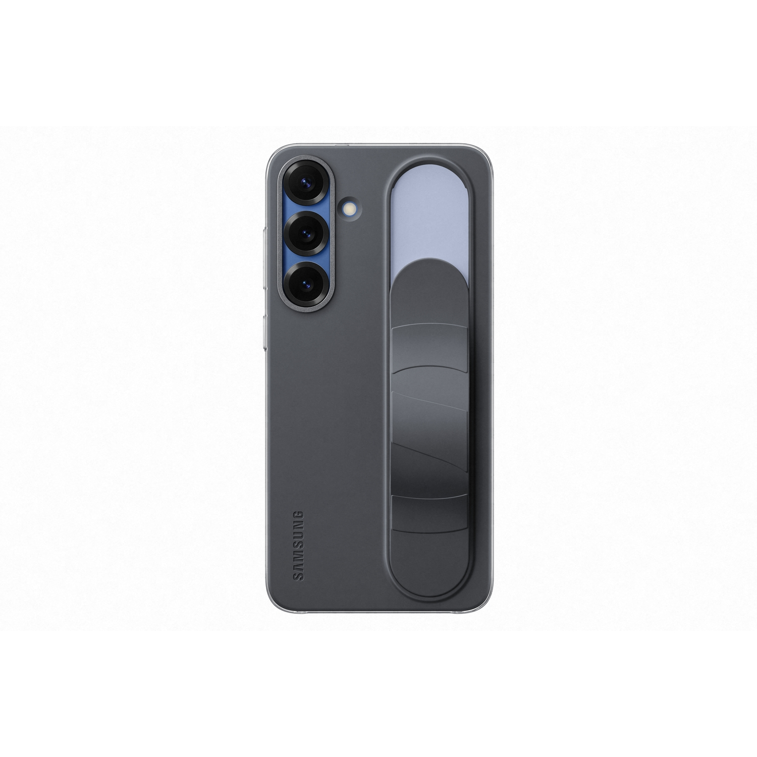 Een grijze telefoonhoes met standaard en telefoon met drievoudige camera's op een witte achtergrond. Het Samsung-logo is zichtbaar.