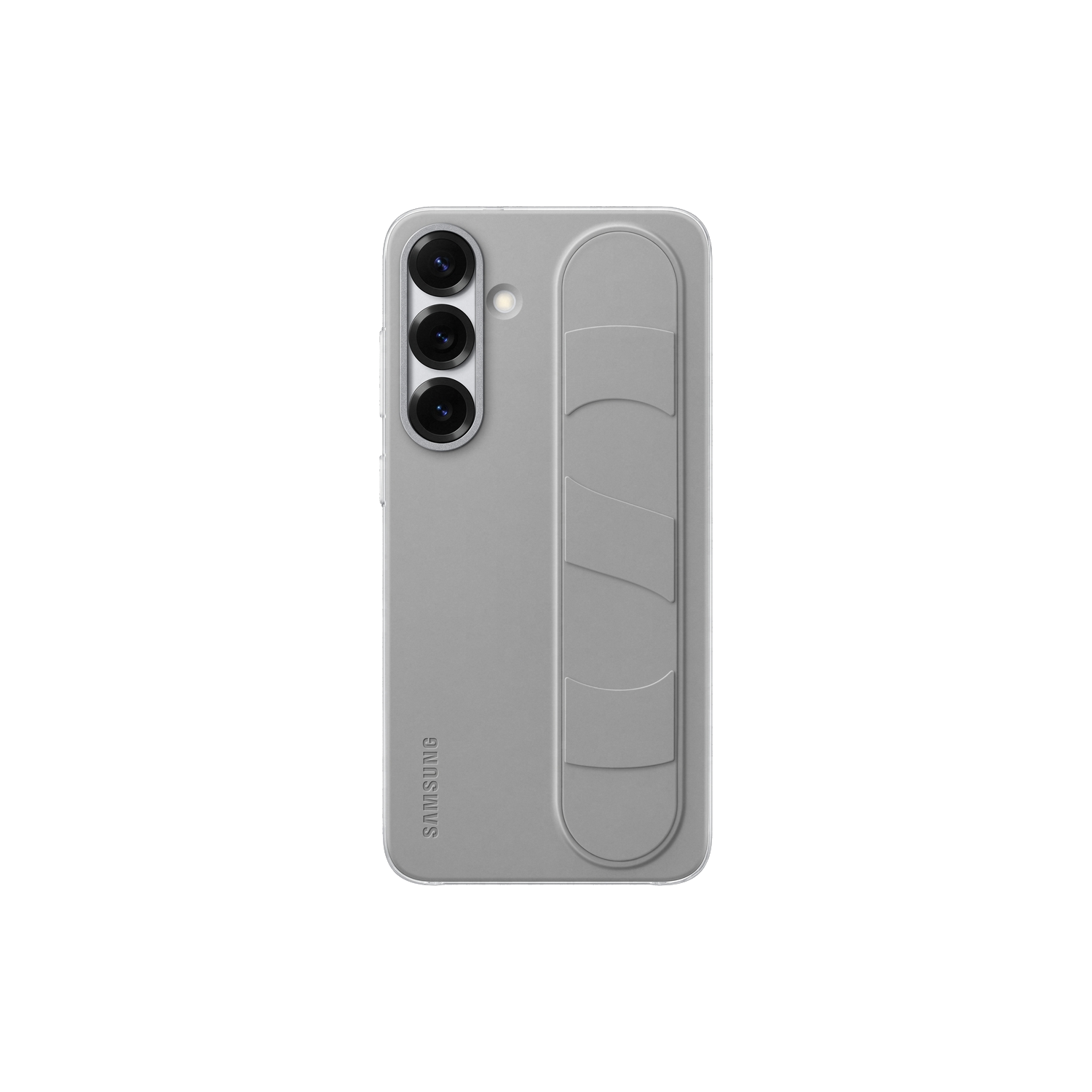 Lichtgrijze Samsung telefoonhoes met een grip. Heeft camera-uitsparingen en Samsung branding.
