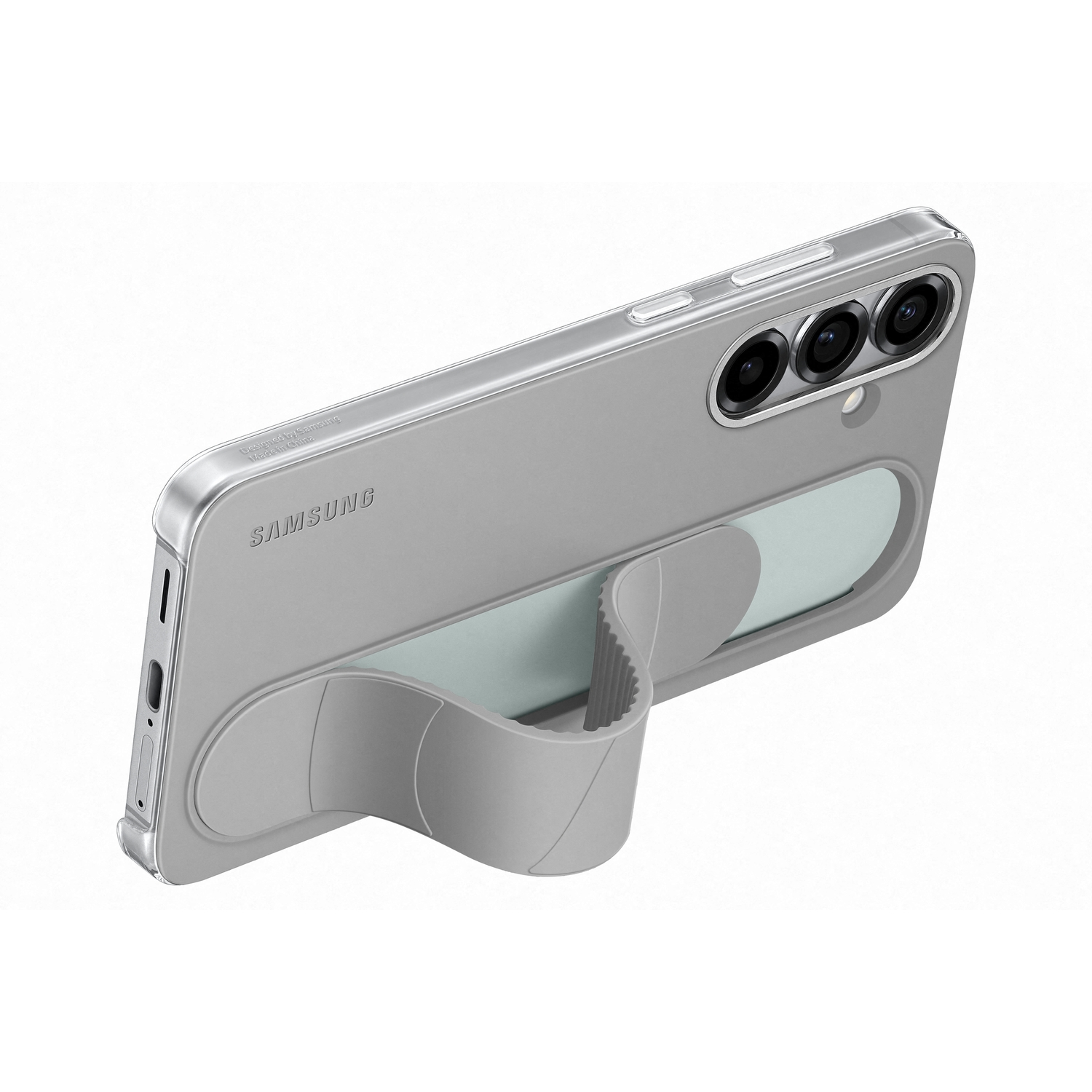 Grijze Samsung telefoonhoes met standaard. Telefoon in de hoes, tegen een zwart oppervlak.