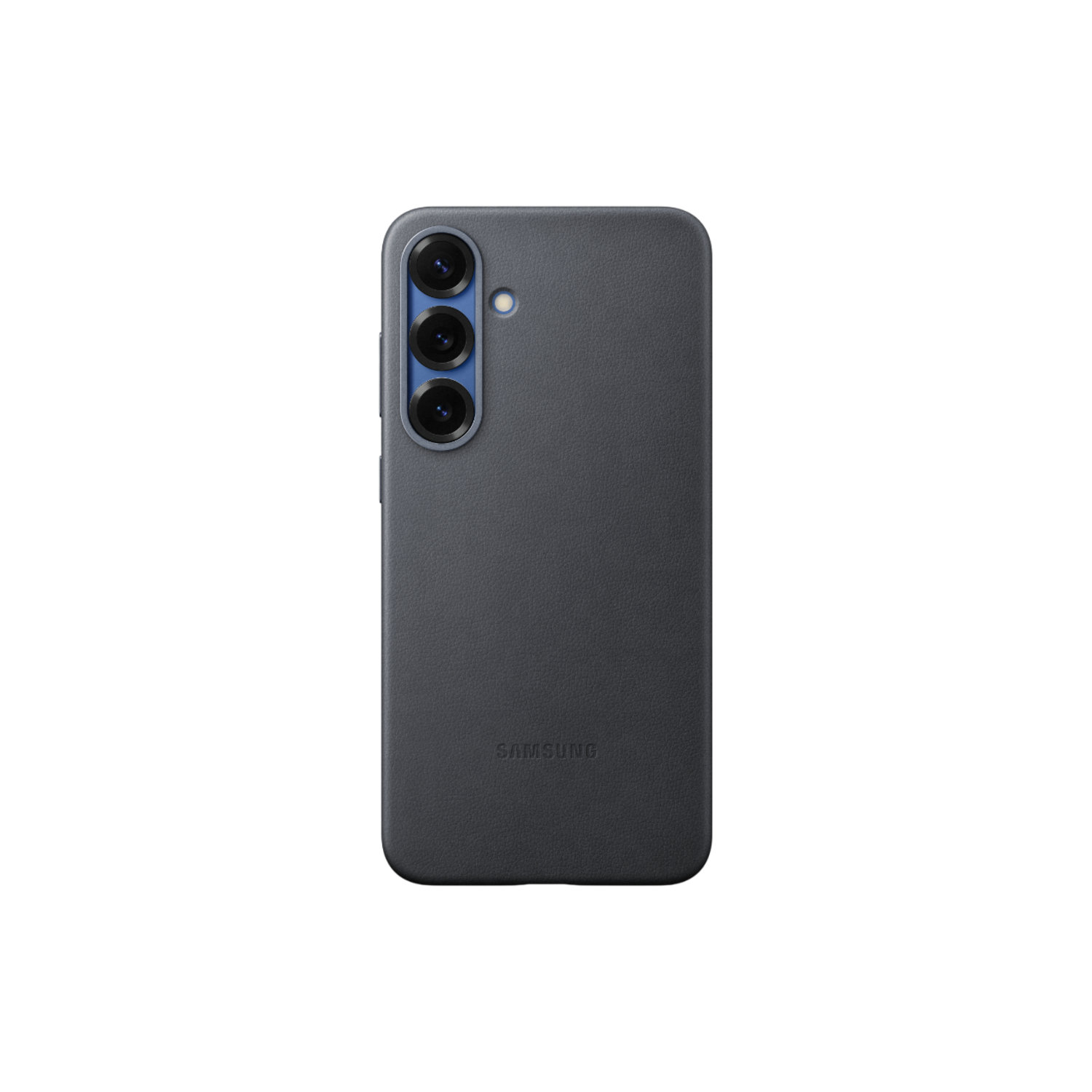 Donkergrijze telefoonhoes met drie camera's op zwarte achtergrond. SAMSUNG is onderaan gedrukt.