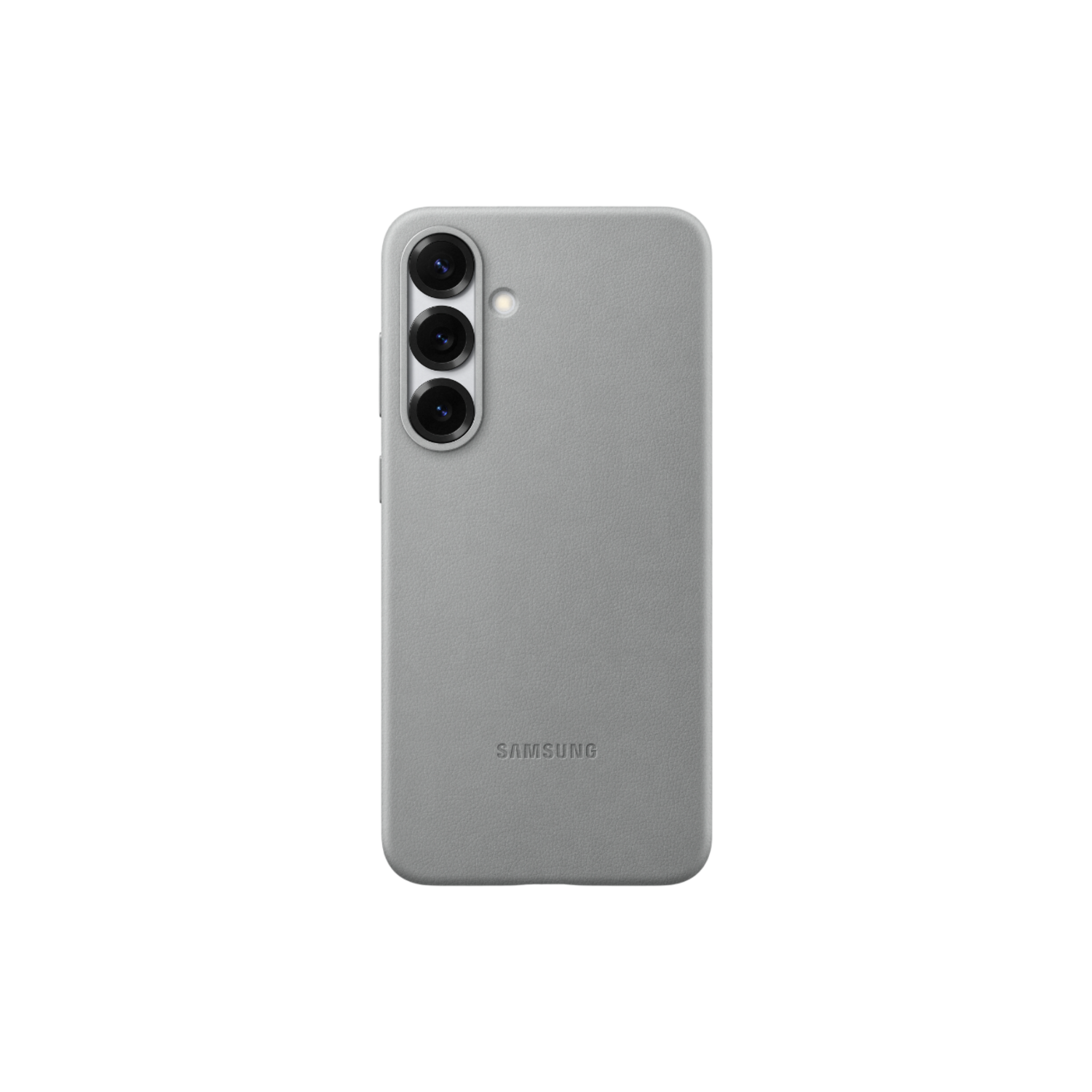 Lichtgrijze telefoonhoes voor Samsung. Het heeft drie cameralenzen en 'SAMSUNG' op een zwarte achtergrond.