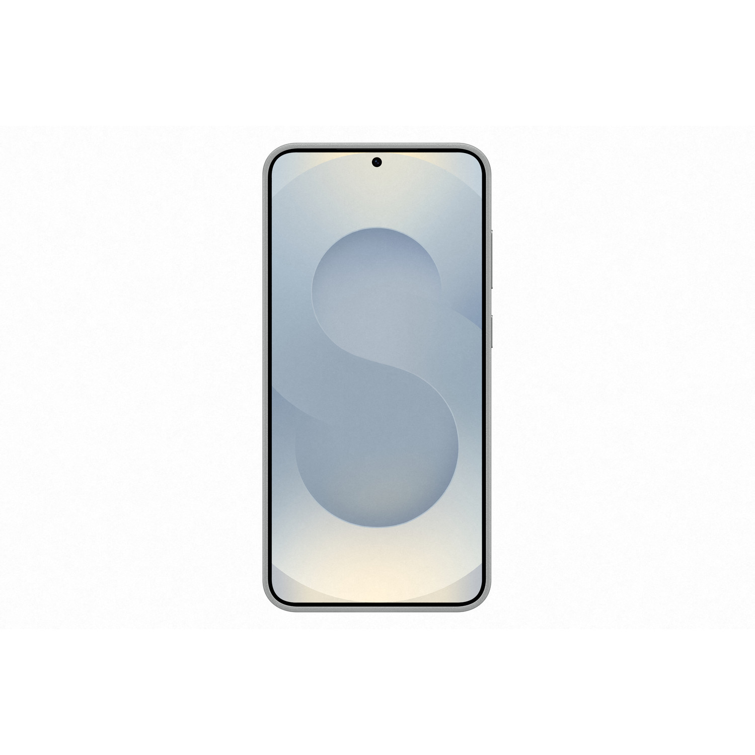 Een smartphone met een zilveren frame. Het scherm toont een wervelontwerp met blauwe en gele tinten op een witte achtergrond.