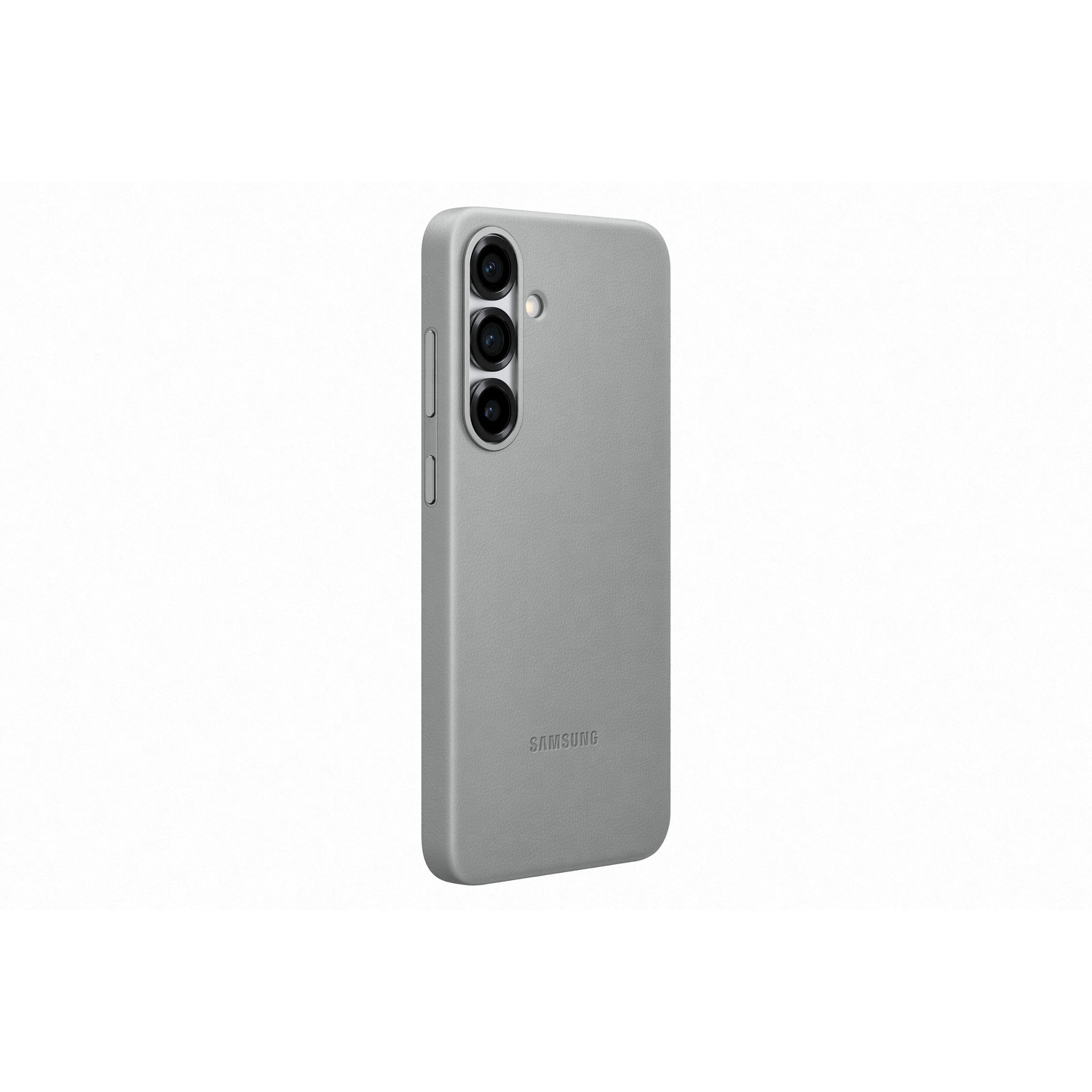 Een grijze telefoon met drie camera's aan de achterkant. Het Samsung-logo staat onderaan, op een witte achtergrond.