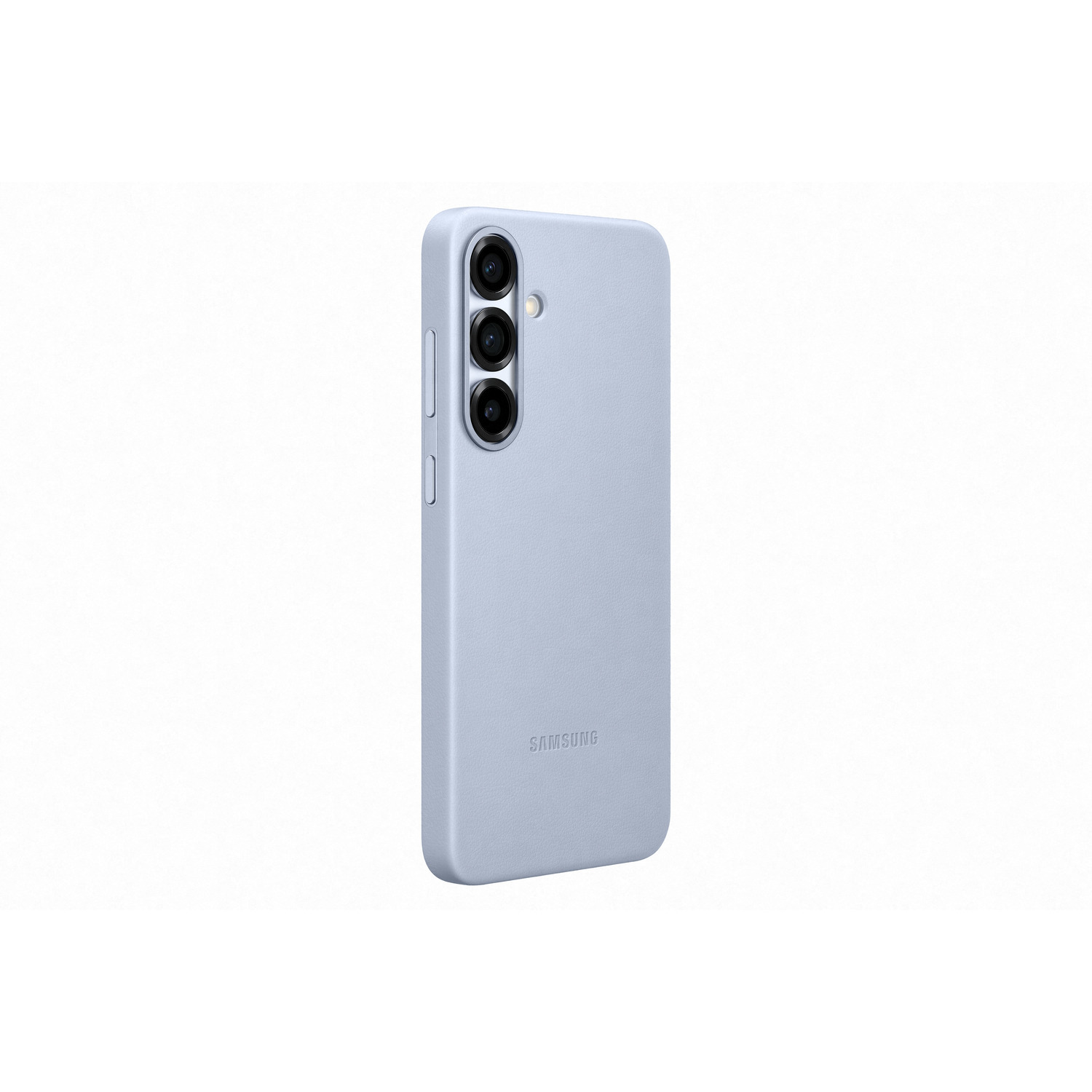 Lichtblauwe telefoonhoes met camera-uitsparingen en Samsung-logo.