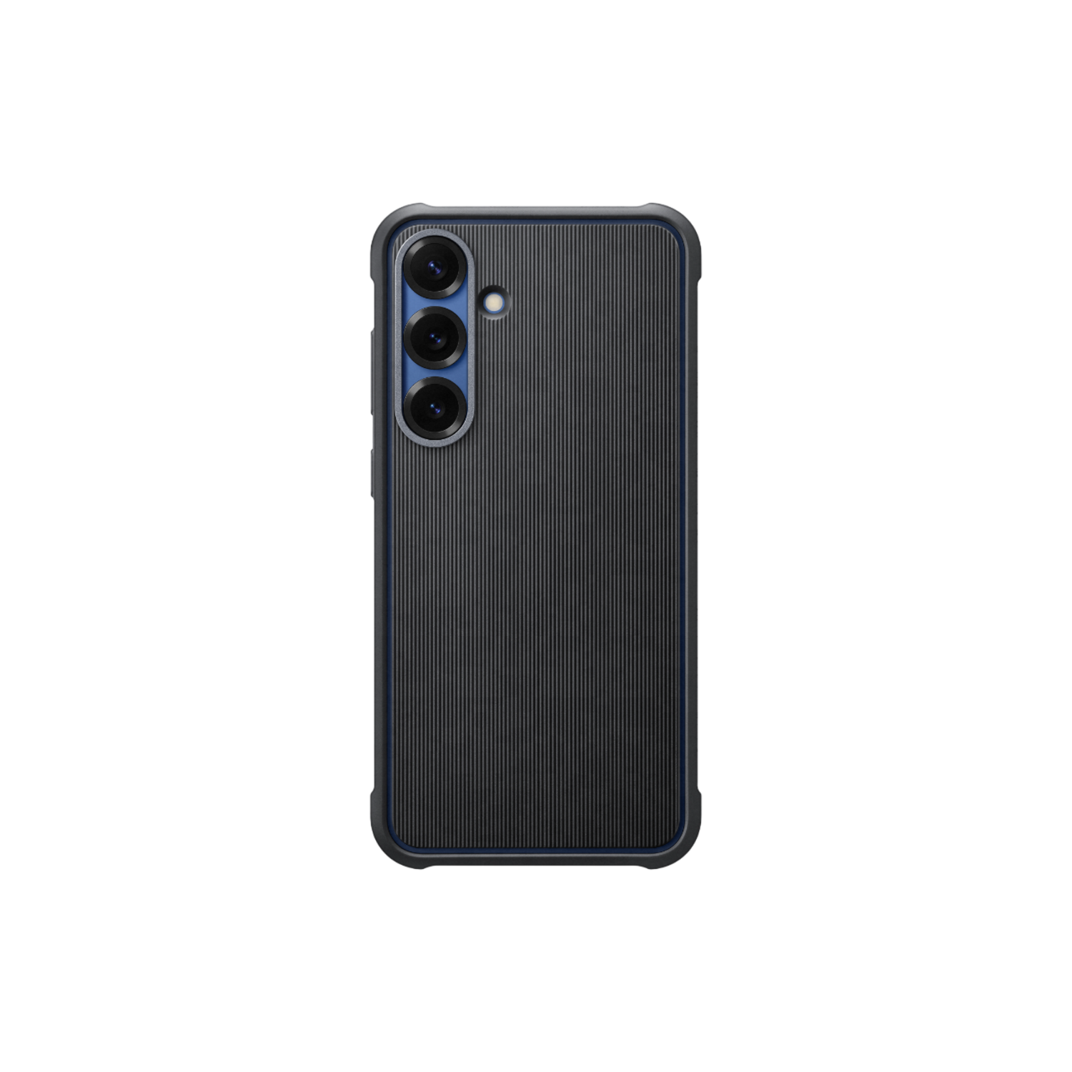 Téléphone noir, vue arrière. Trois caméras verticales. Dos strié. Cadre noir.