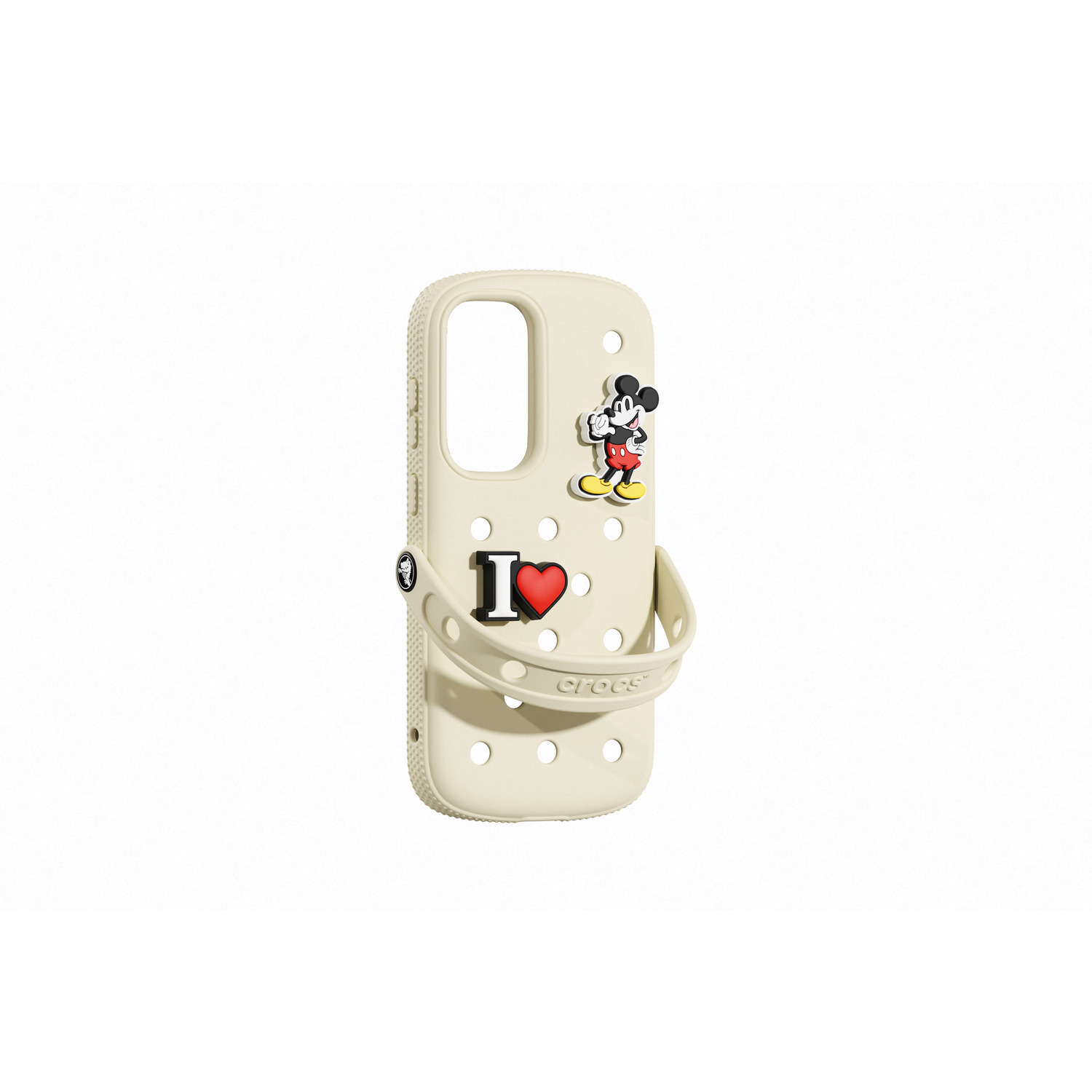 Crocs telefoonhoesje met Mickey Mouse. Hoesje is crème en heeft een riem.