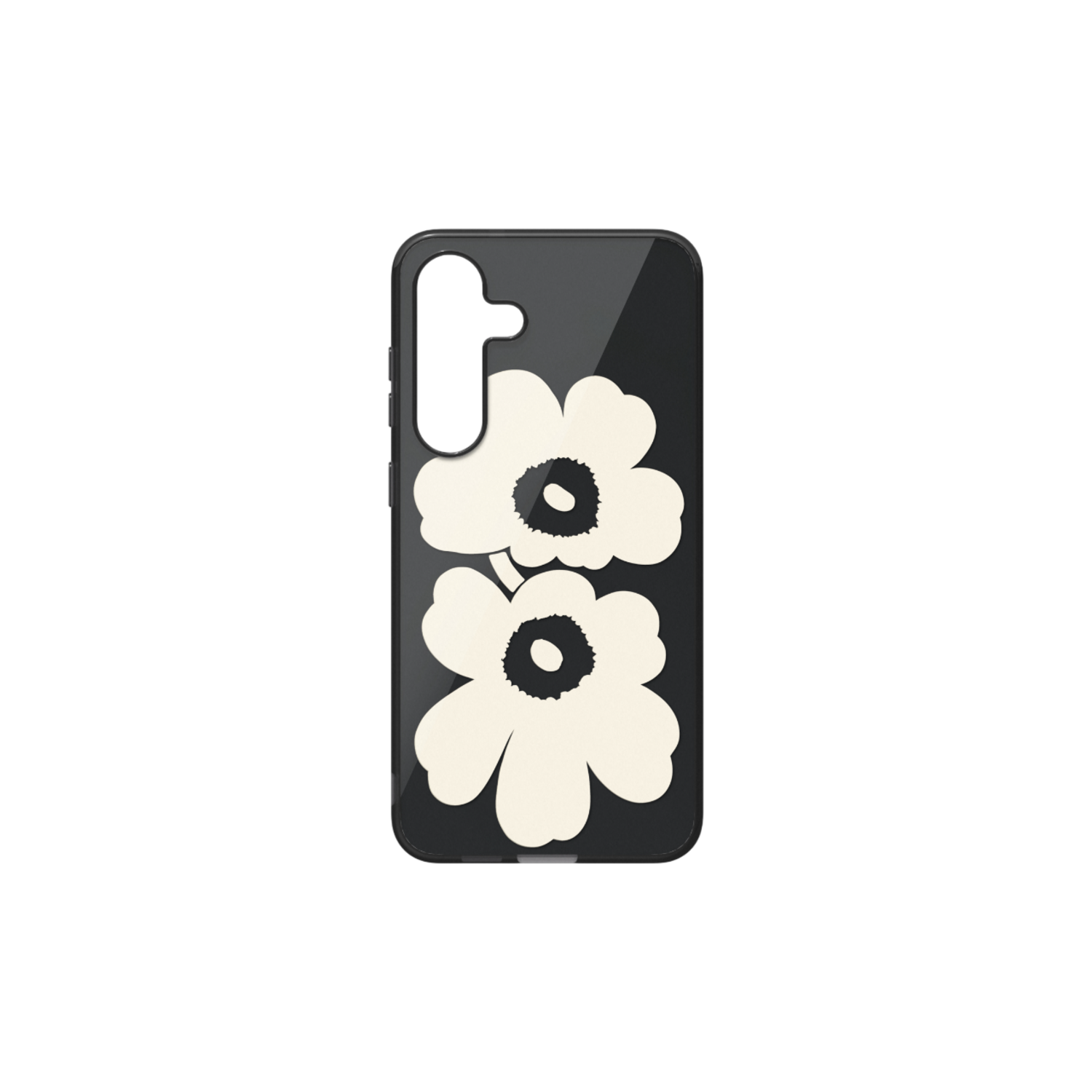 Telefoonhoesje met wit bloemdesign op zwart. De telefoon is zichtbaar door de hoes.