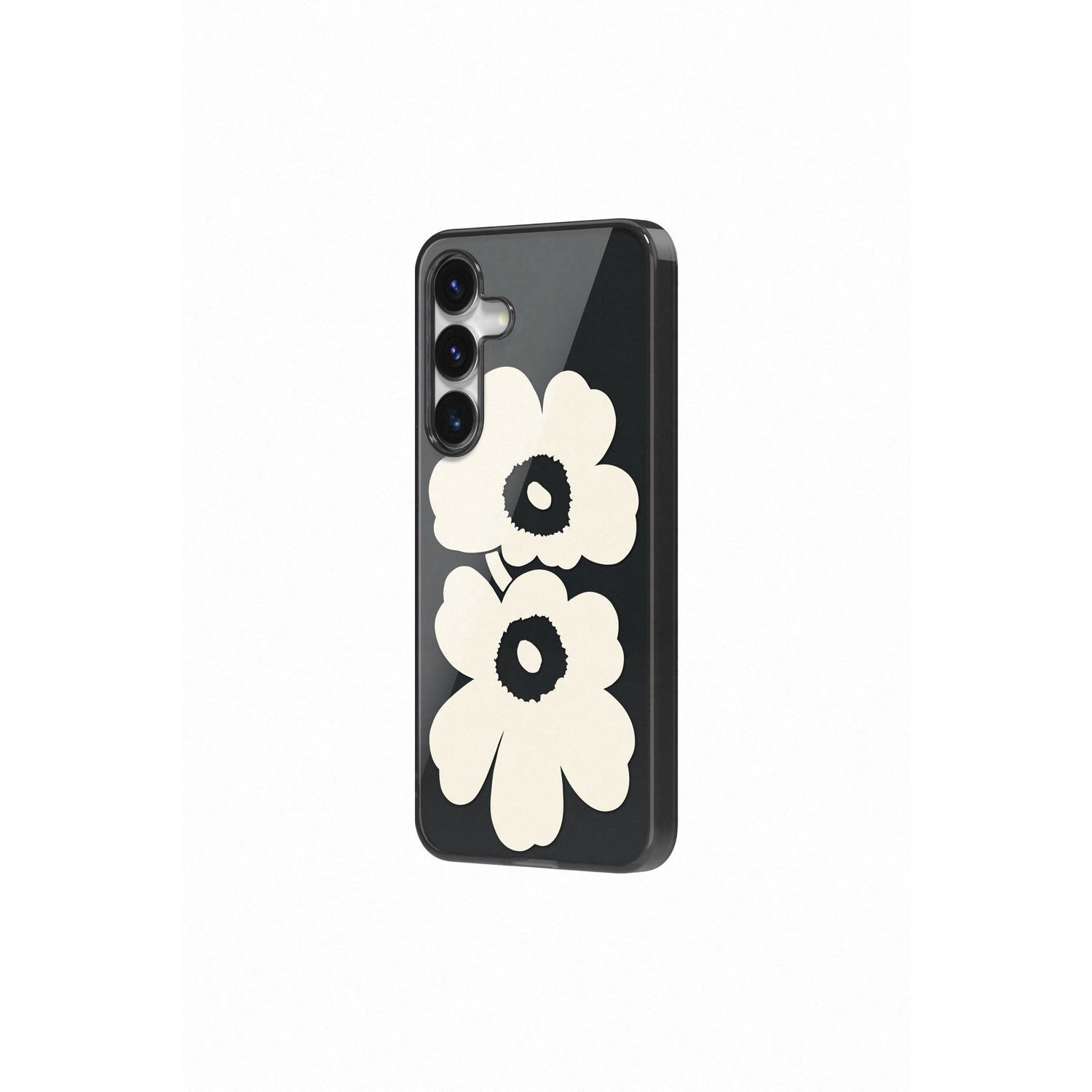 Zwarte telefoonhoes met wit bloemenpatroon en drie camera's, tegen een witte achtergrond.