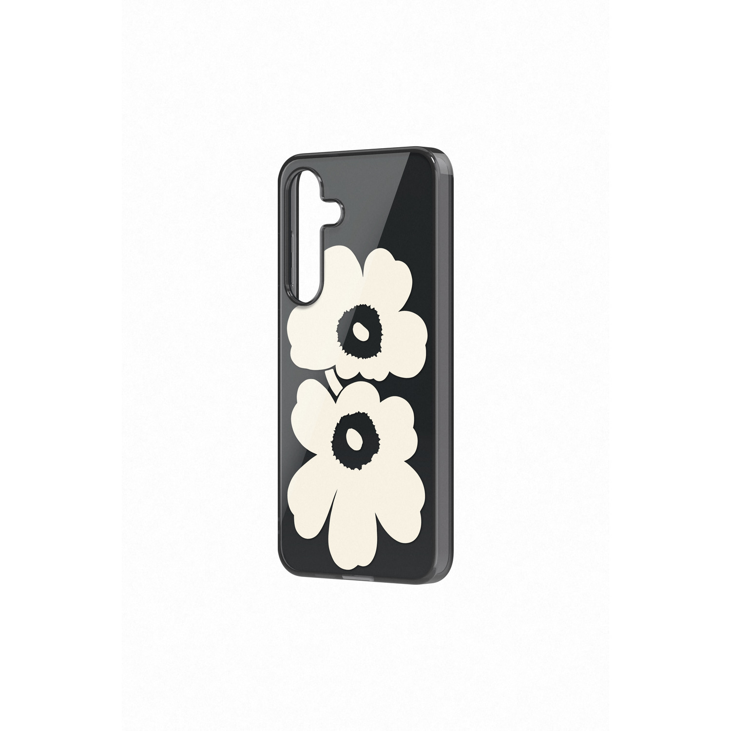 Zwarte telefoonhoes met wit bloemenpatroon op een witte achtergrond.