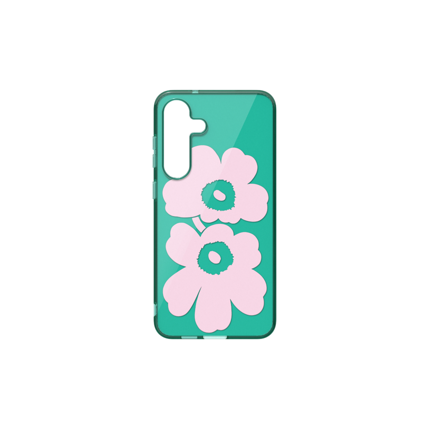 Een telefoonhoesje met een bloemenontwerp. Het ontwerp heeft roze bloemen.