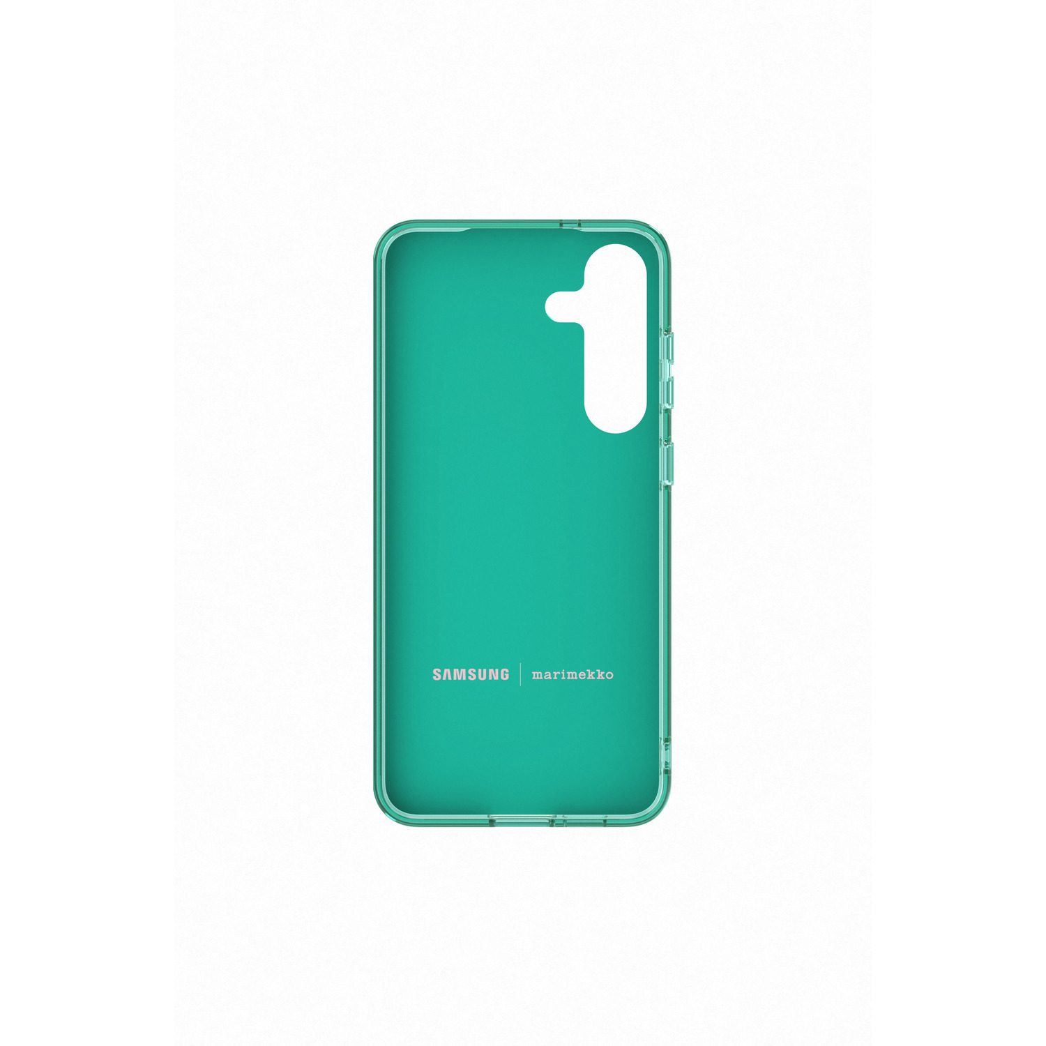 Groene telefoonhoes. Samsung- en Marimekko-logo's op de achterkant.