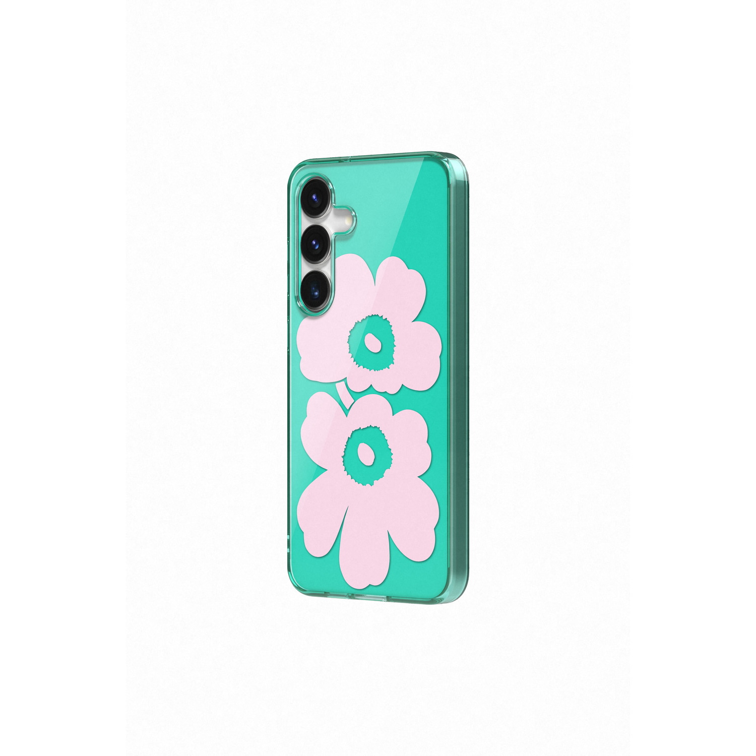 Groene telefoonhoes met roze bloemdesign. Drie camera's zijn zichtbaar.