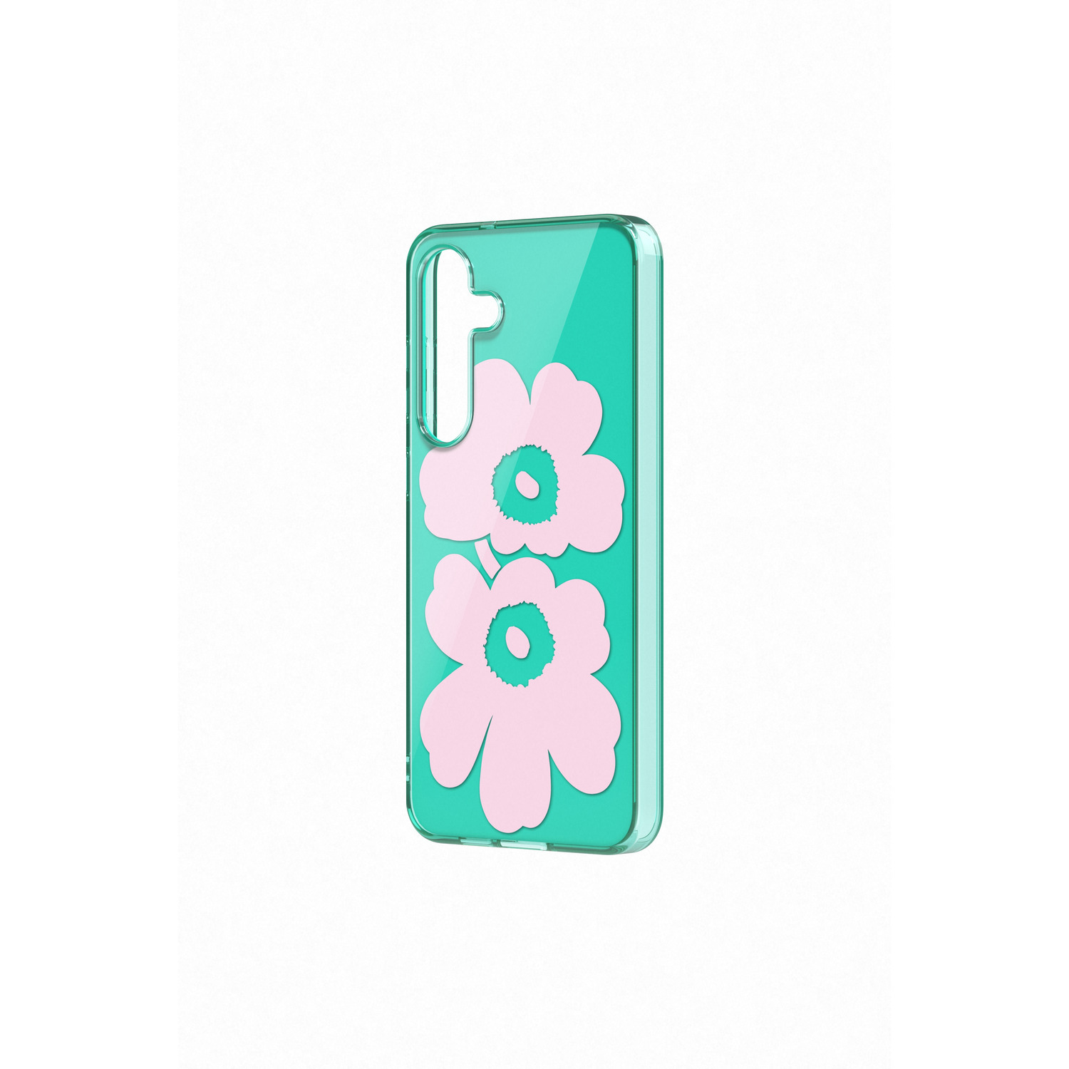 Transparante telefoonhoes met roze bloemen. Witte achtergrond. De hoes is groen.