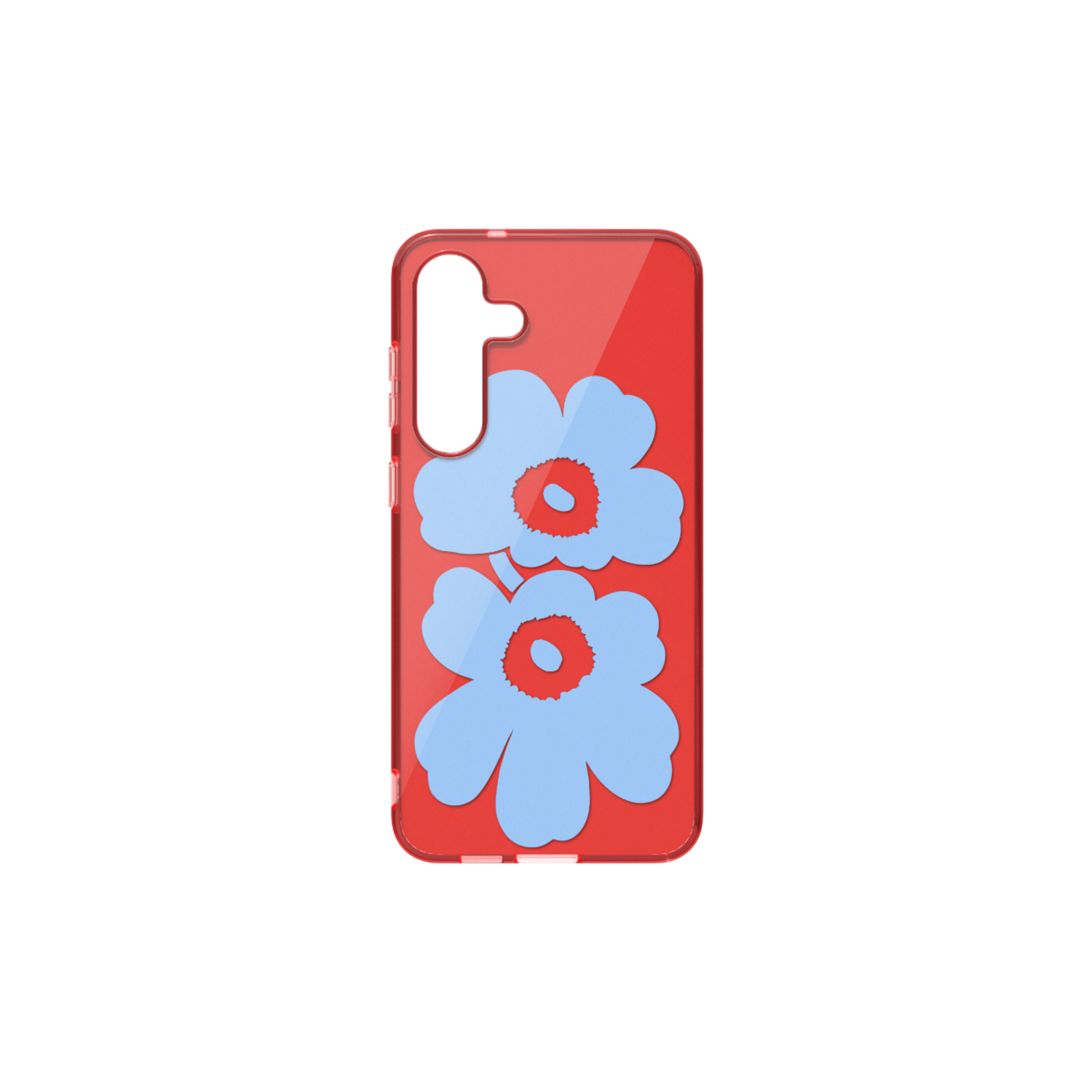 Rode telefoonhoes met blauw bloemmotief. Zwarte achtergrond.