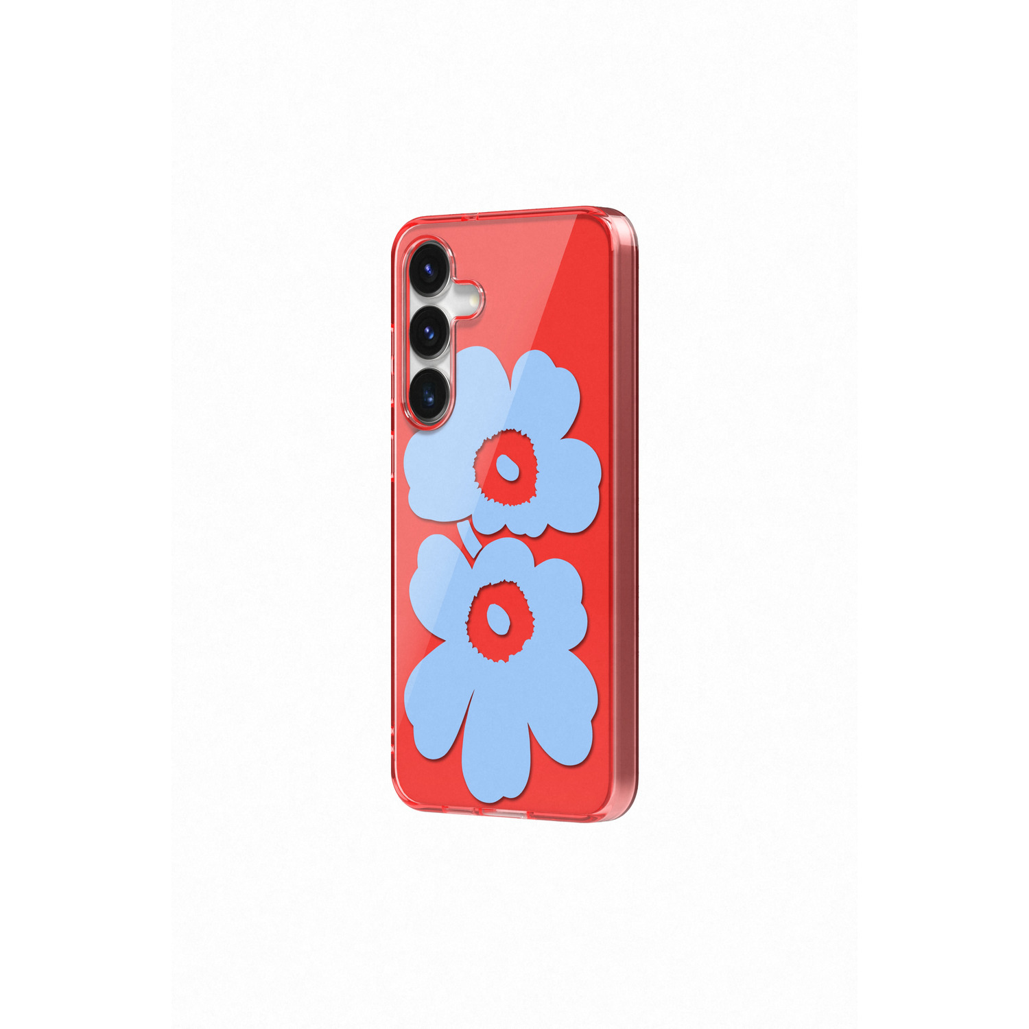 Een rode telefoonhoes met blauwe bloemen. Drie camera's aan de bovenkant. Het ontwerp zit op de achterkant.