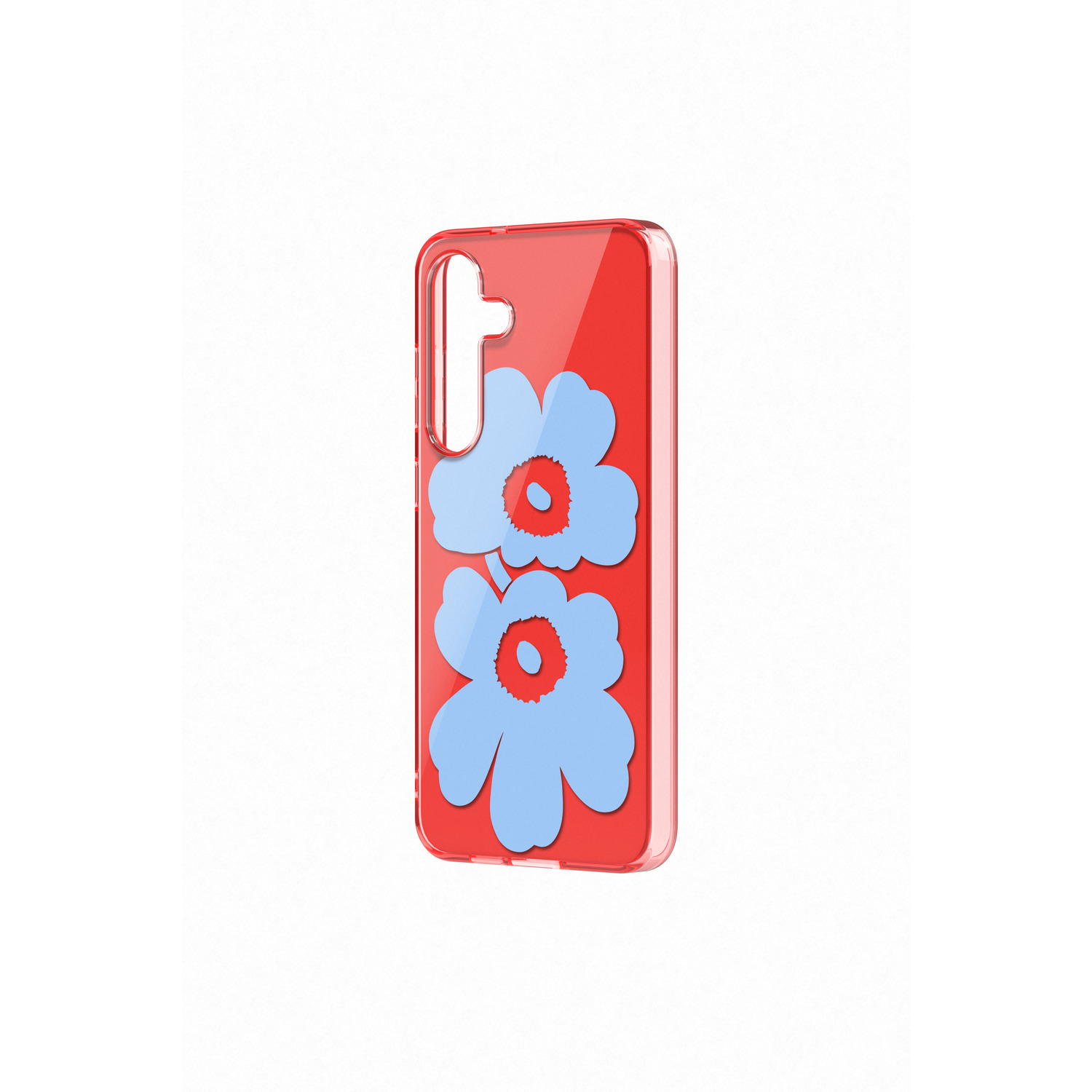 Rode telefoonhoes met blauw bloemdesign, geïsoleerd op witte achtergrond.