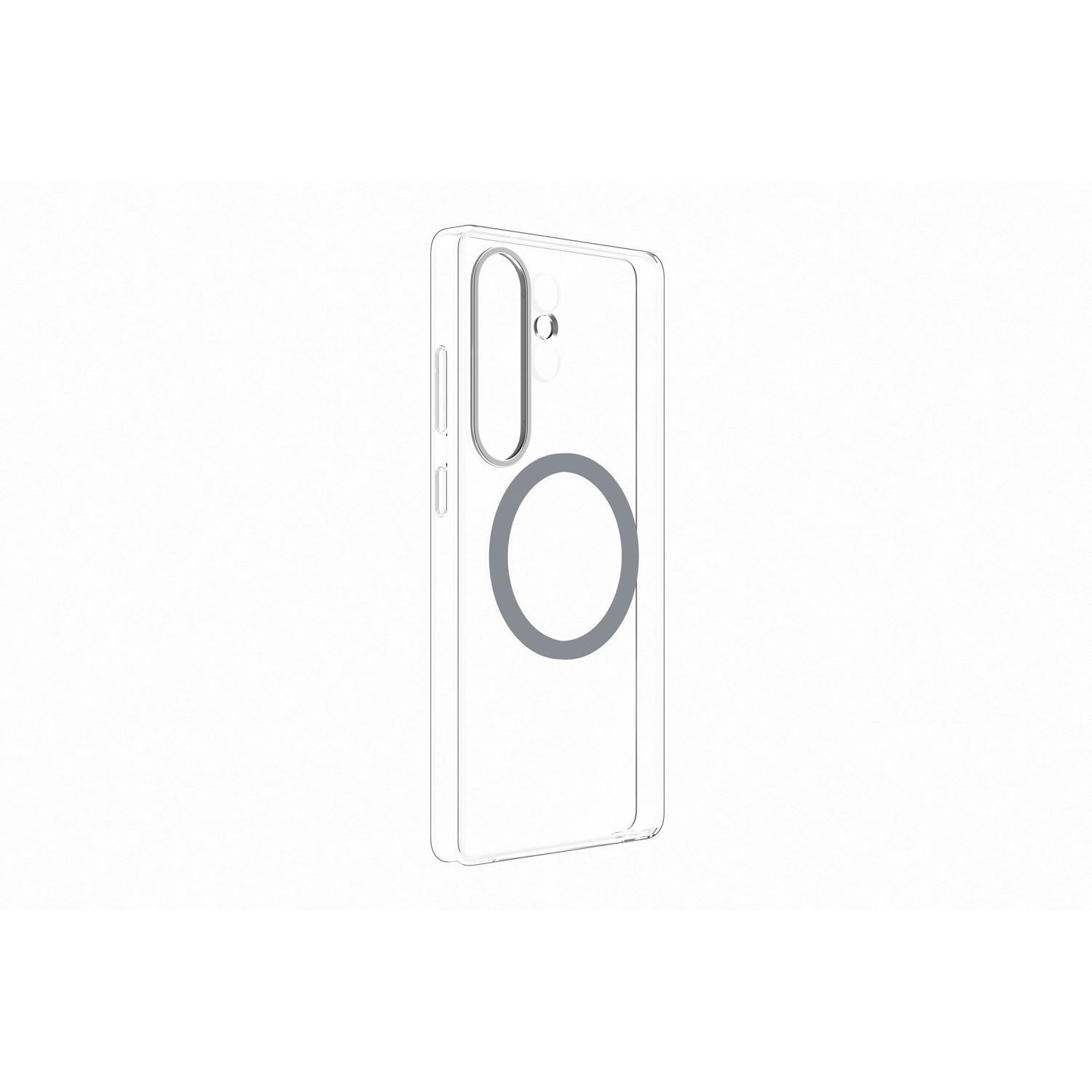 Transparante telefoonhoes met magnetische cirkel en camera-uitsparing.