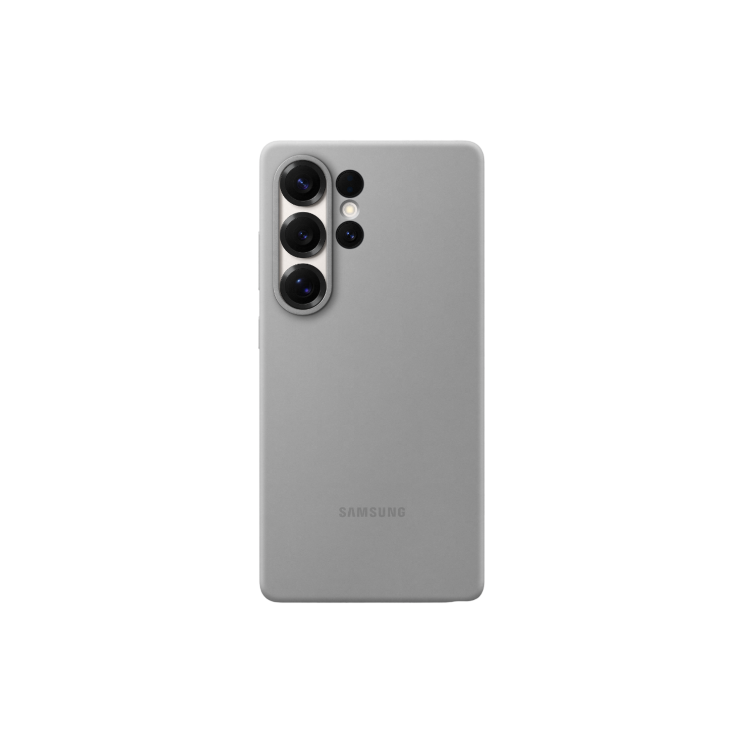 Coque grise avec trois objectifs et logo Samsung.