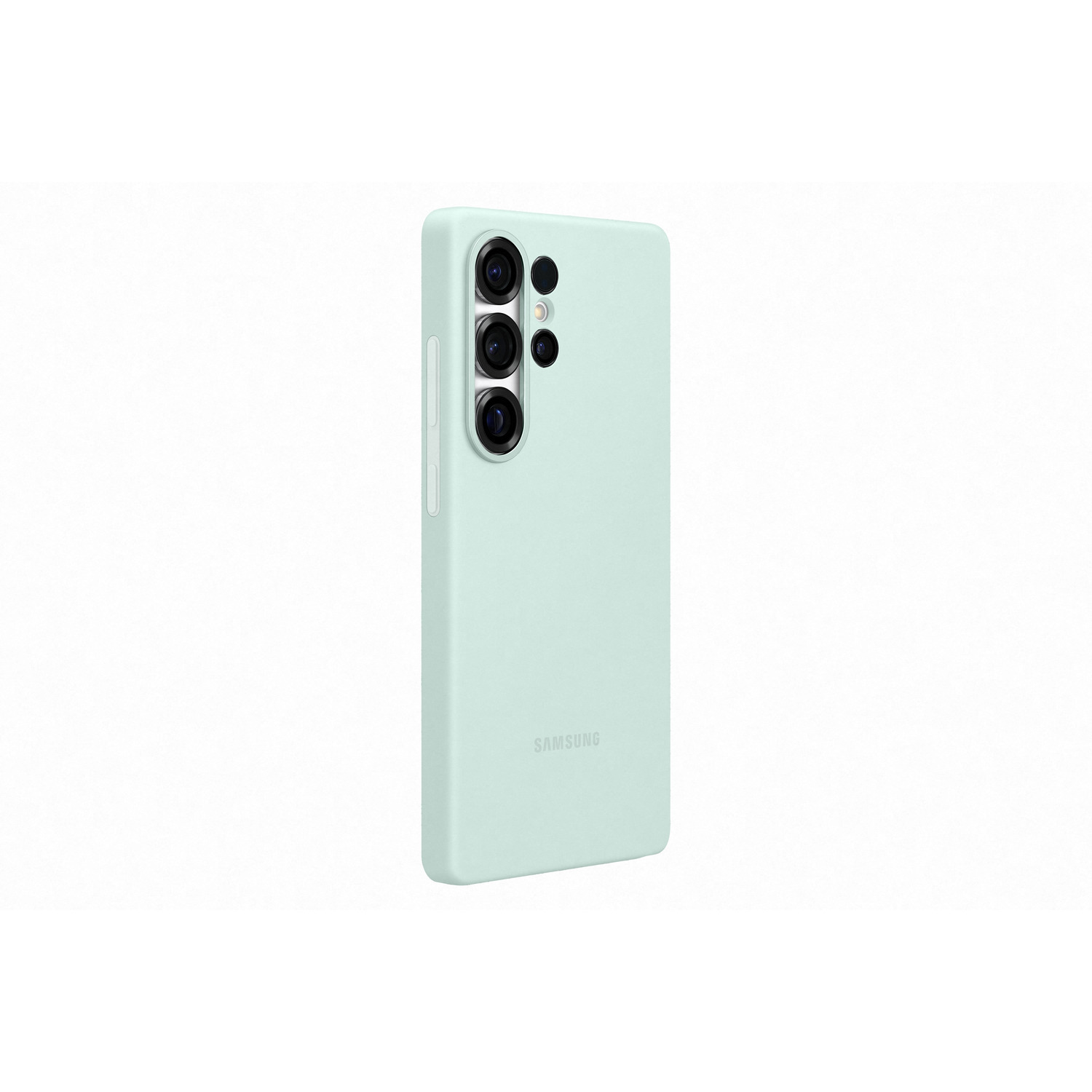 Une coque de téléphone vert clair avec le logo Samsung et trois trous pour l'appareil photo.