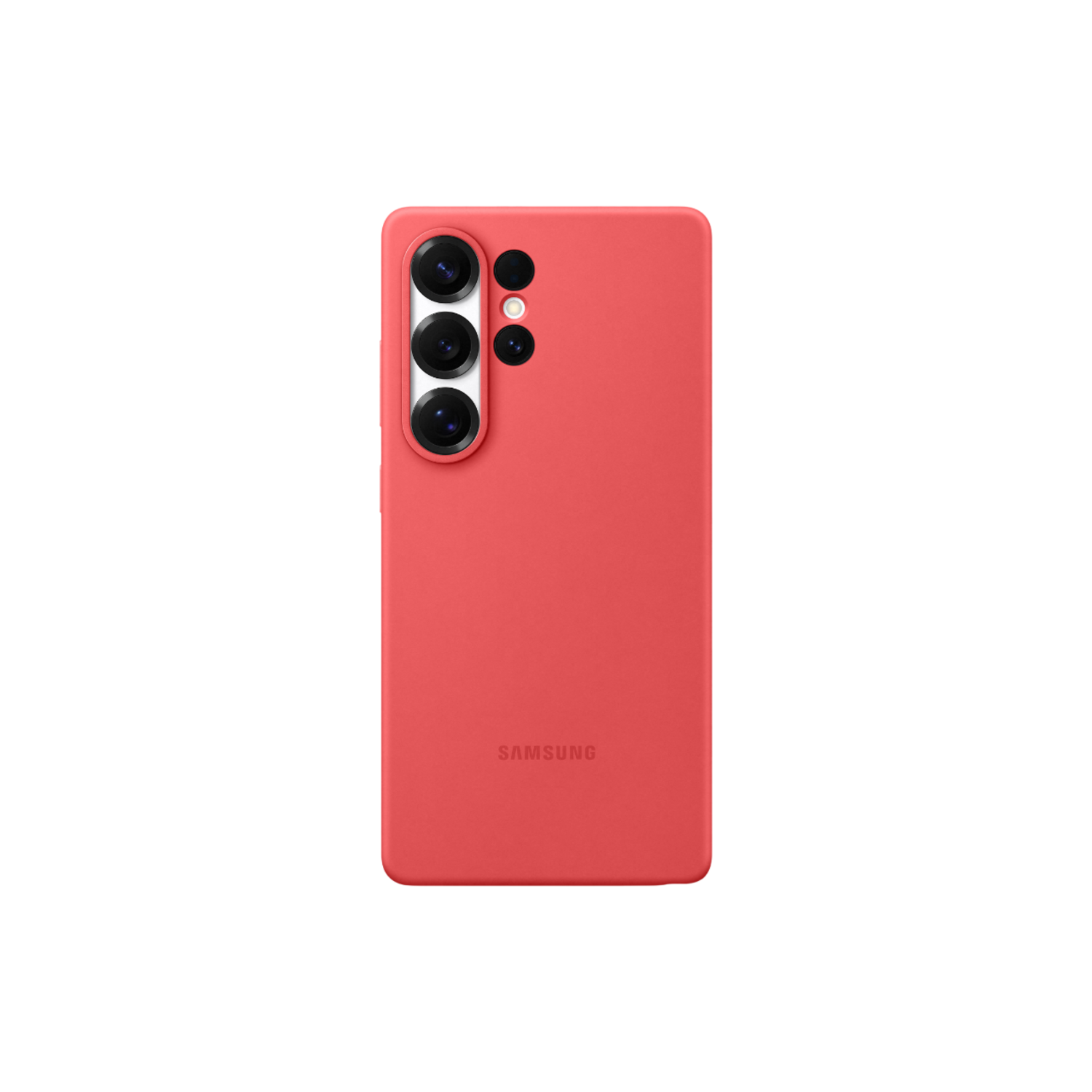 Coque de téléphone rouge pour Samsung. Trois lentilles de caméra et texte 'SAMSUNG' sur fond noir.