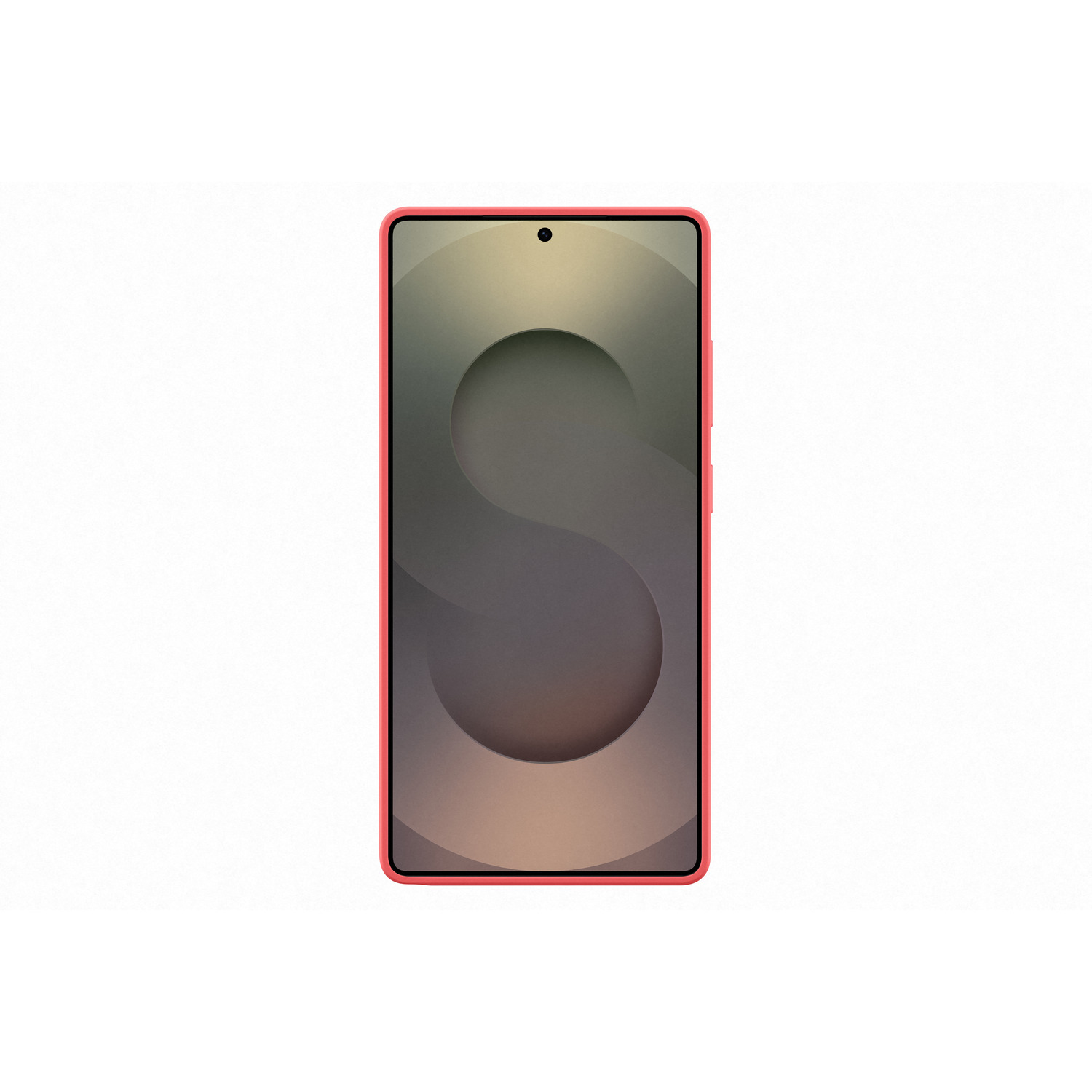 Une coque de téléphone rouge avec un écran gris affichant un design sombre et abstrait.