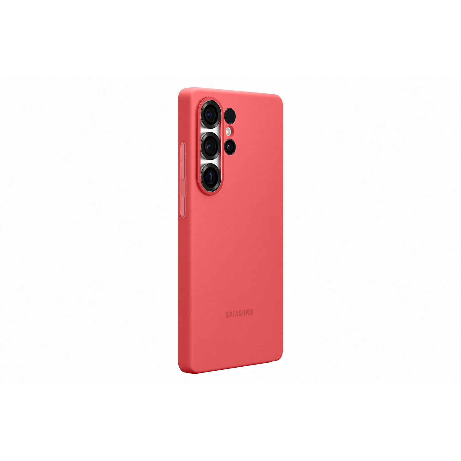 Coque de téléphone rouge. Les lentilles de la caméra sont visibles à l'arrière.