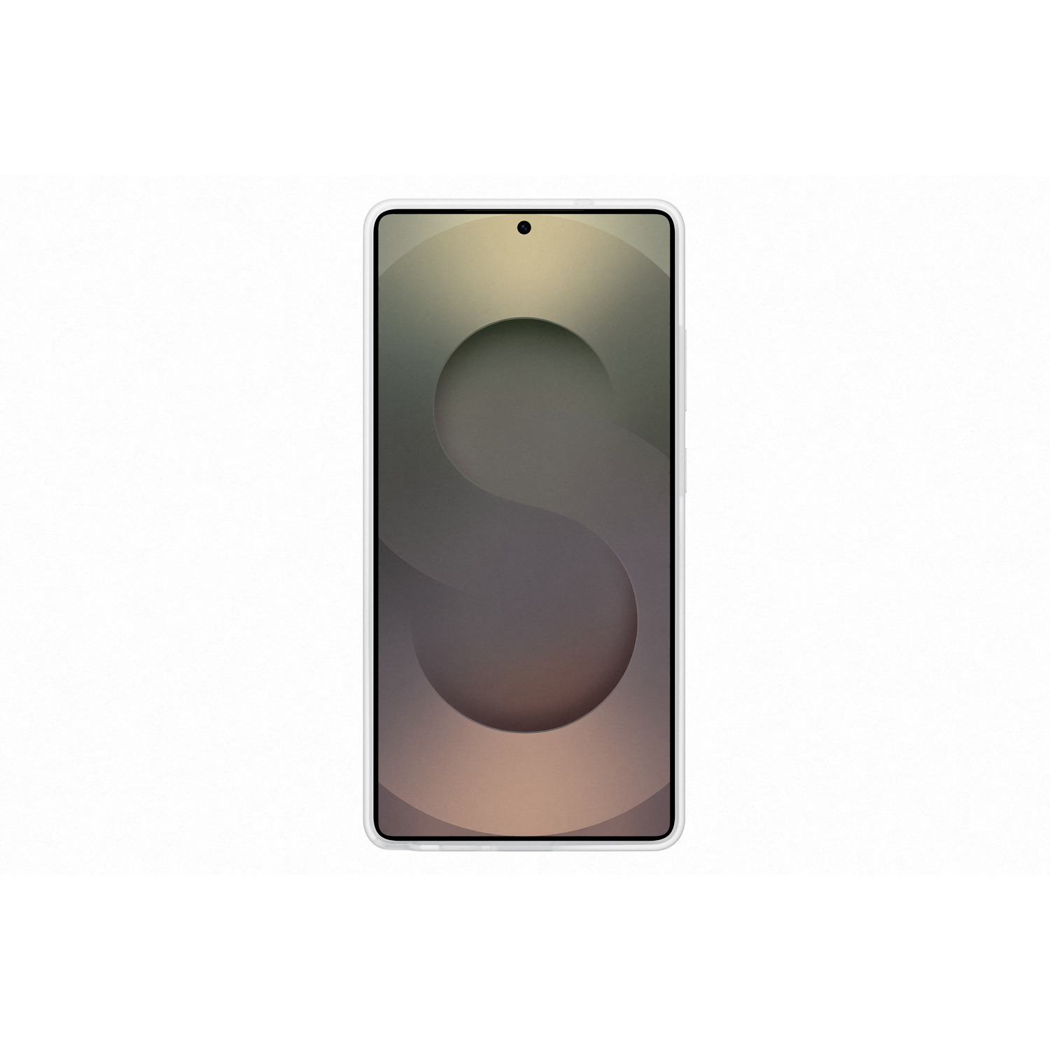 Écran de téléphone Samsung affichant un design en forme de lettre S sur fond neutre.