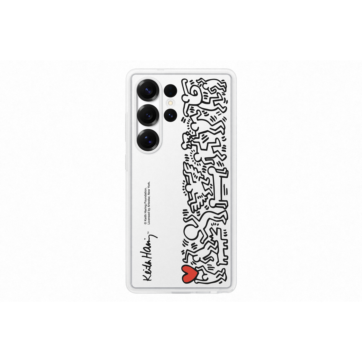 Coque de téléphone blanche avec art de Keith Haring sur fond blanc.