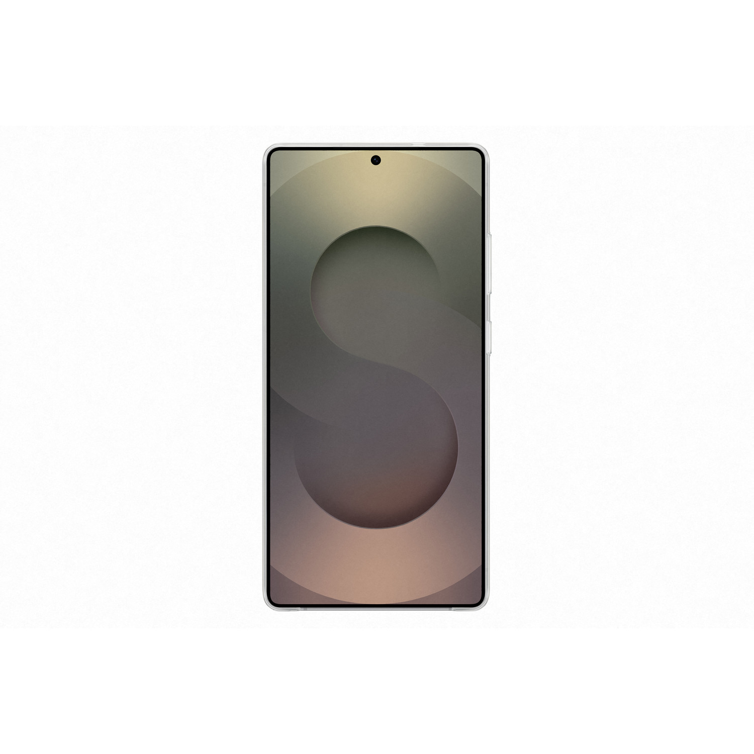 Een witte smartphone met een veelkleurig abstract ontwerp op het scherm. Witte achtergrond.