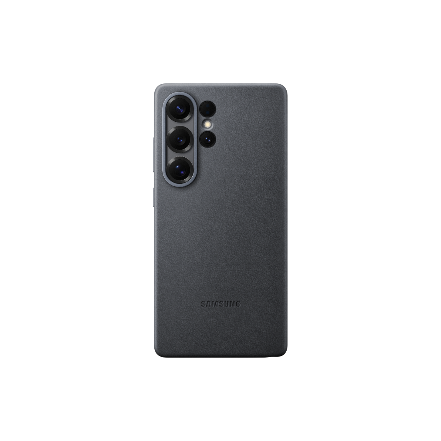 Donkergrijze telefoonhoes met drie cameralenzen en het Samsung-logo op de achterkant.