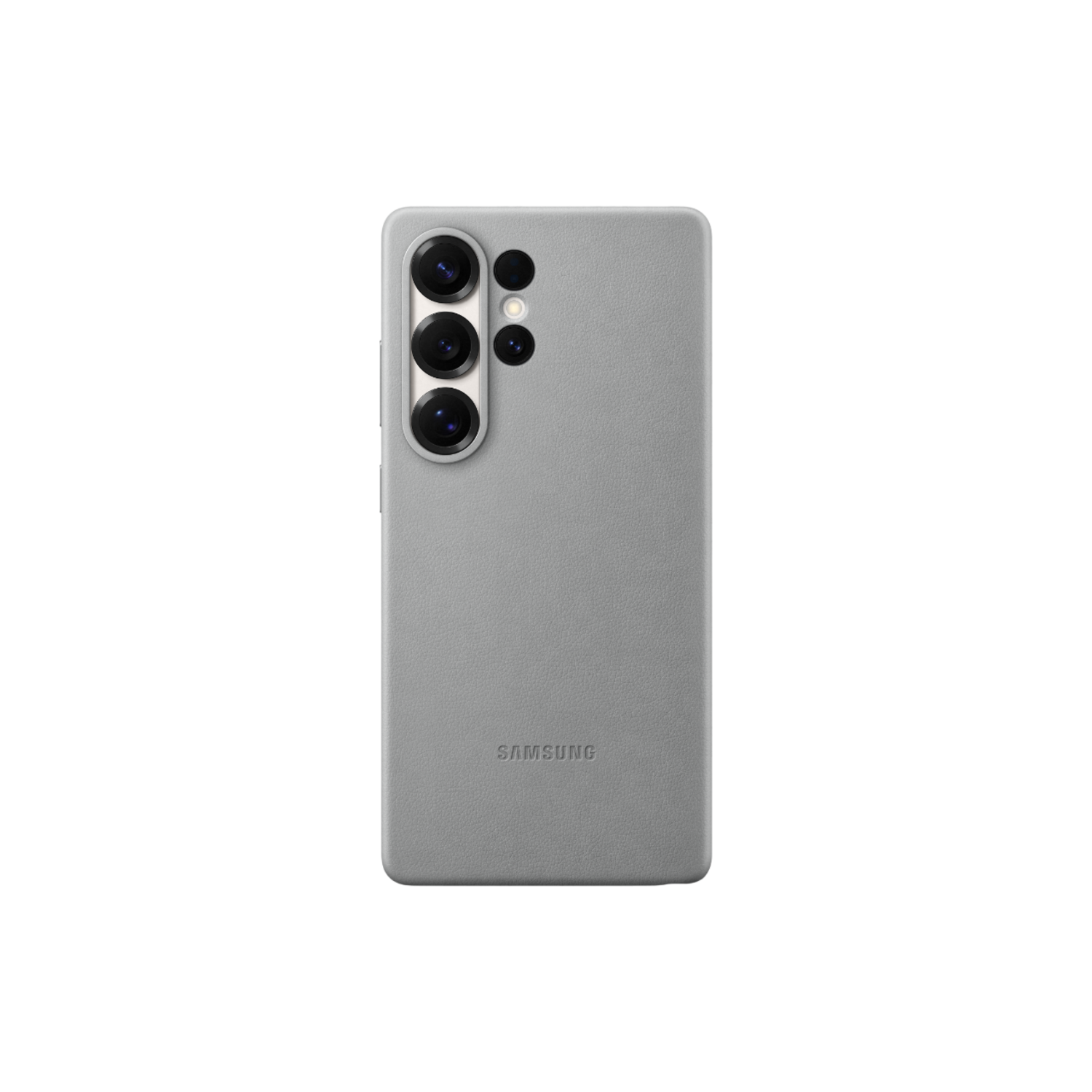 Grijze telefoonhoes met drievoudige cameralenzen en het Samsung-logo.