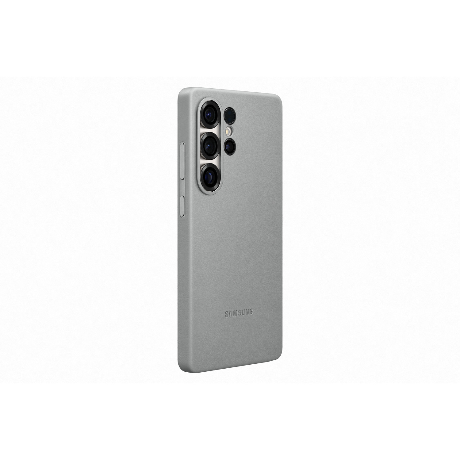 Grijze telefoonhoes. De cameralenzen zijn zichtbaar aan de achterkant.