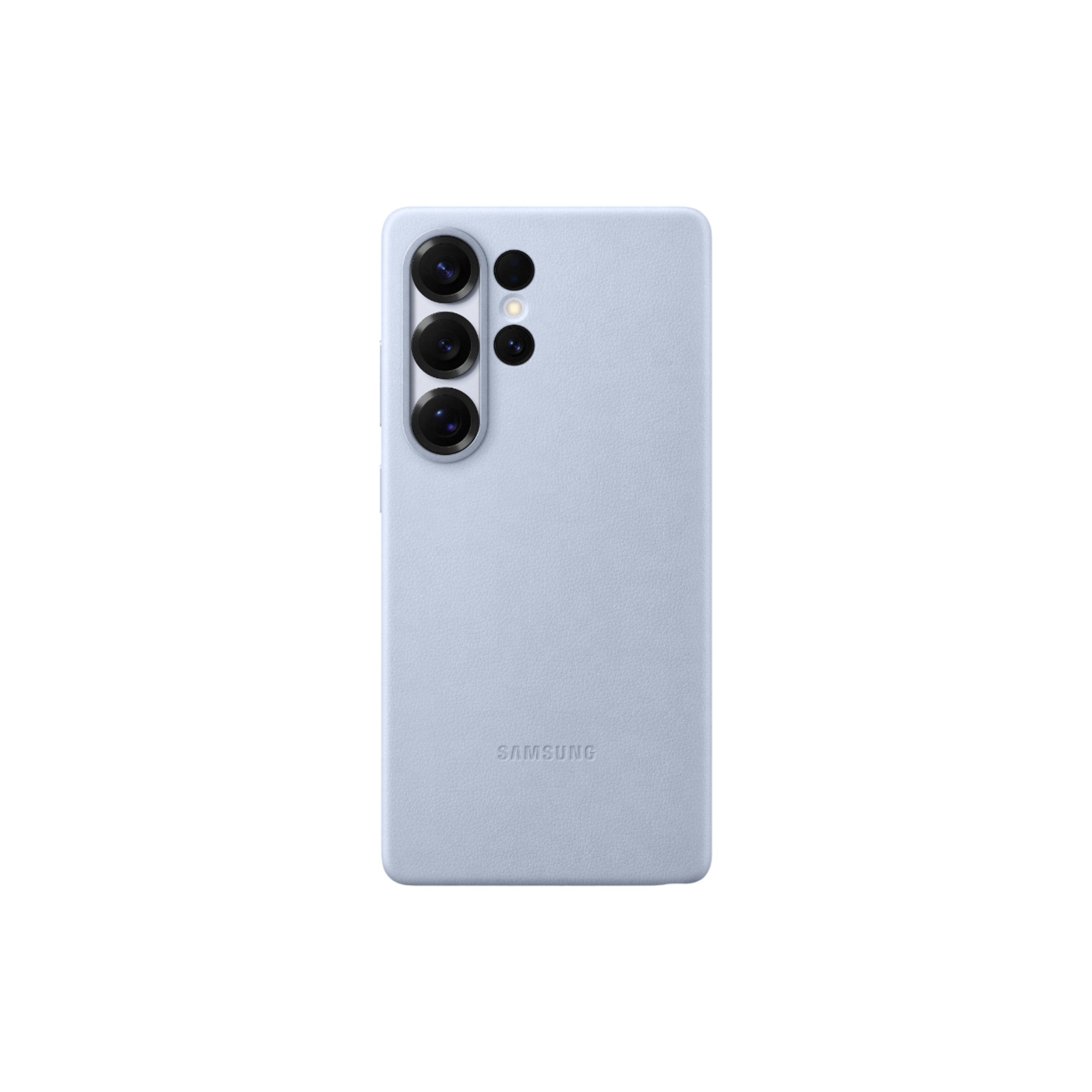 Coque de téléphone bleu clair avec trois objectifs et un flash, fond noir.