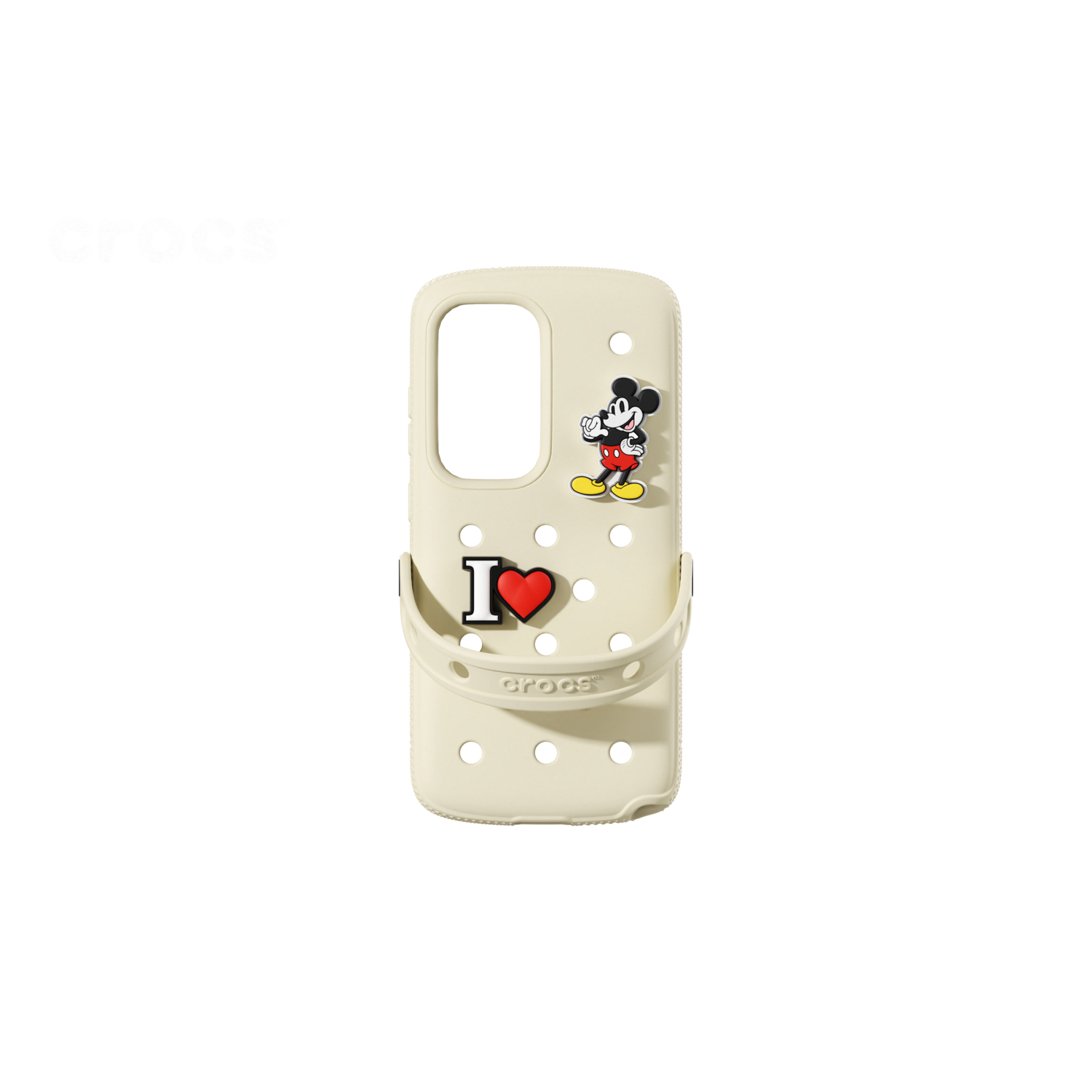 Coque crème avec Mickey Mouse et design Crocs sur fond noir.