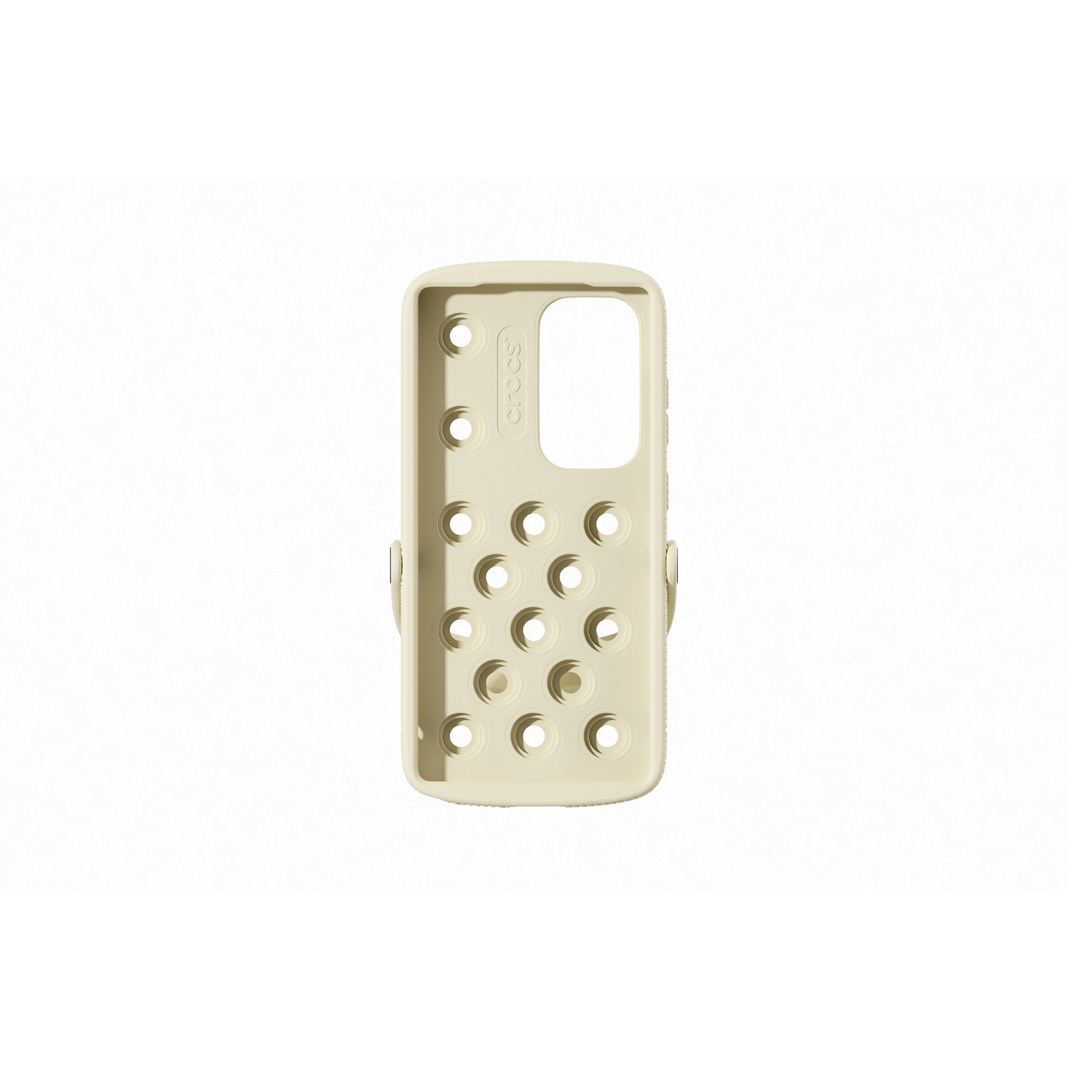 Coque de téléphone beige avec trous et logo Crocs. Fond blanc.