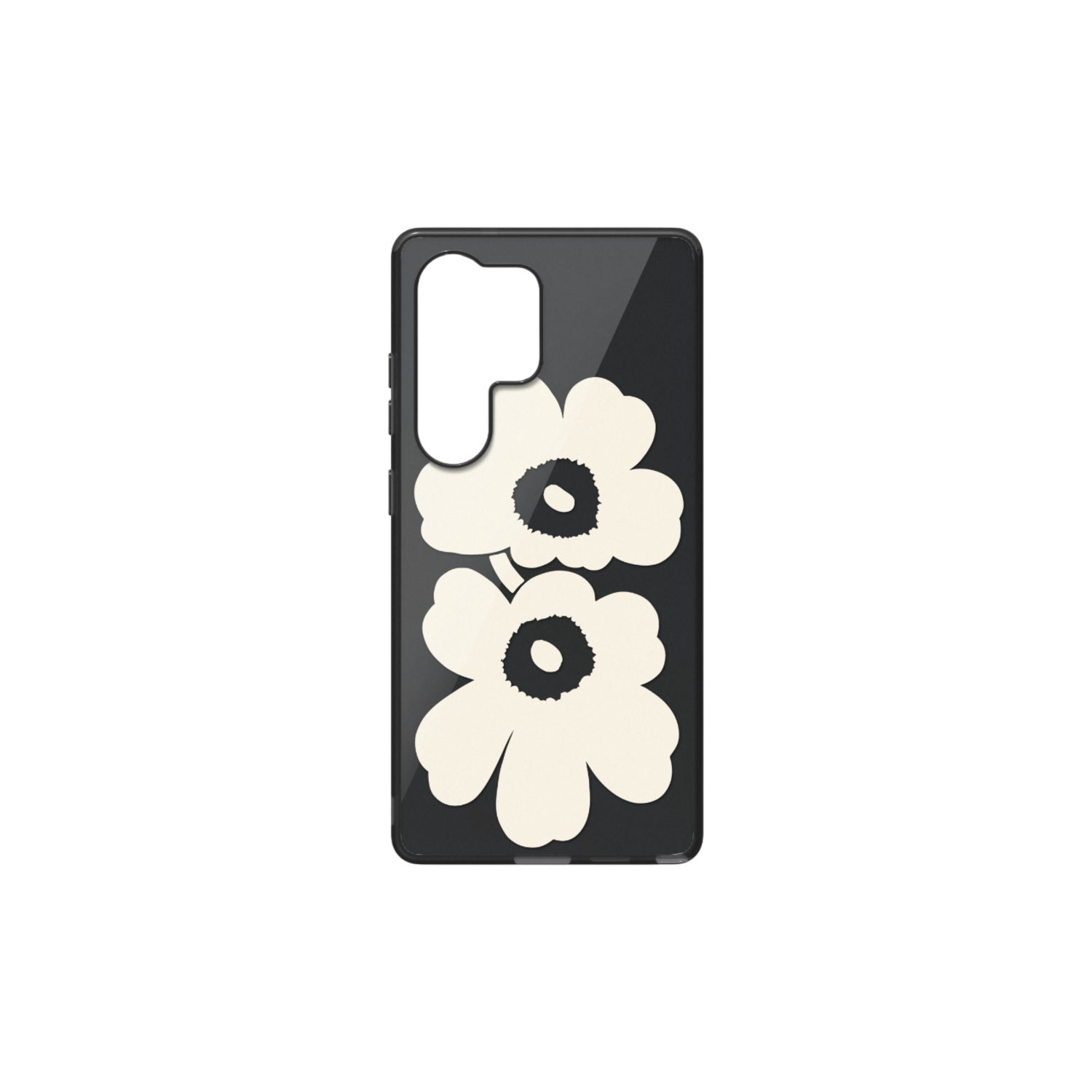 Coque de téléphone avec des fleurs blanches. Fond noir. Le téléphone a trois caméras. Coque transparente.