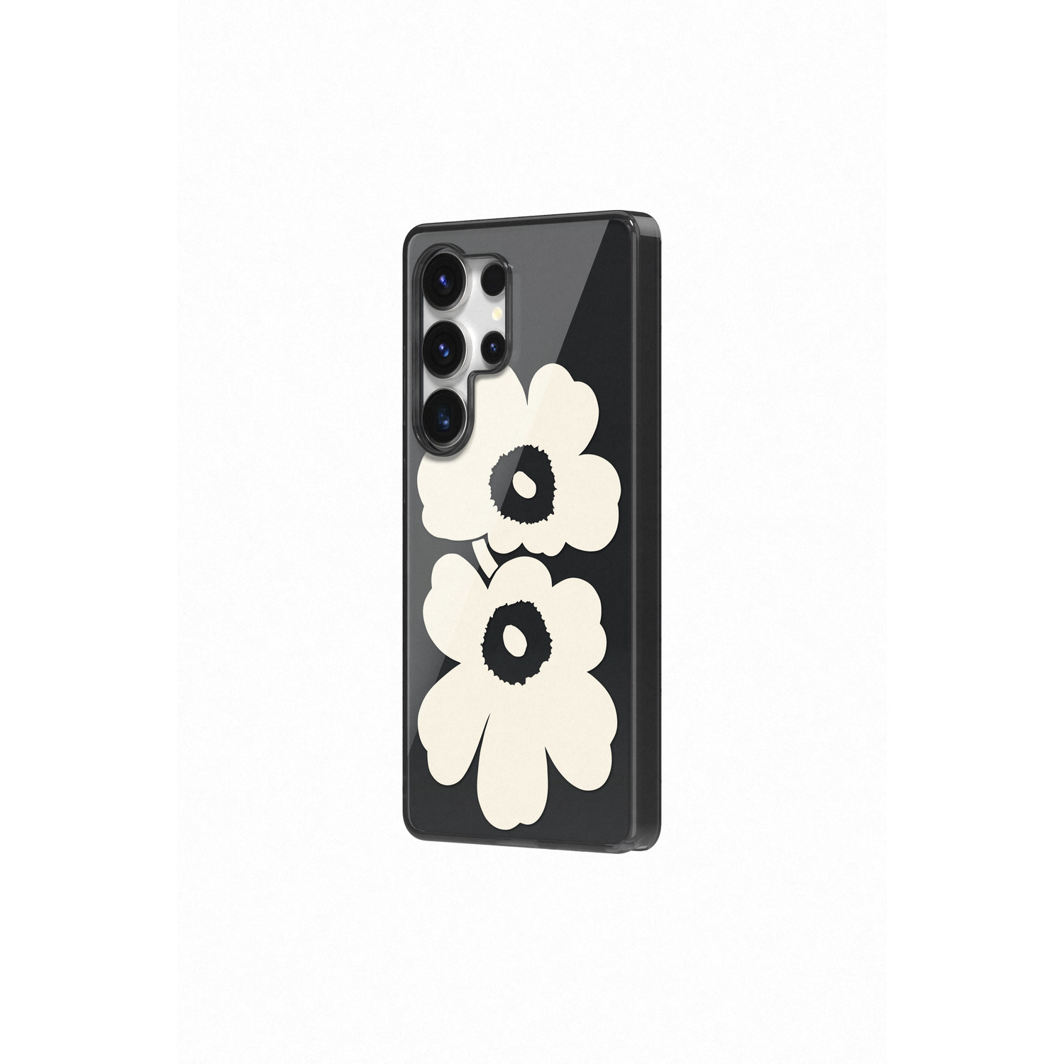 Coque de téléphone noire avec des fleurs blanches. La coque couvre l'arrière du téléphone.