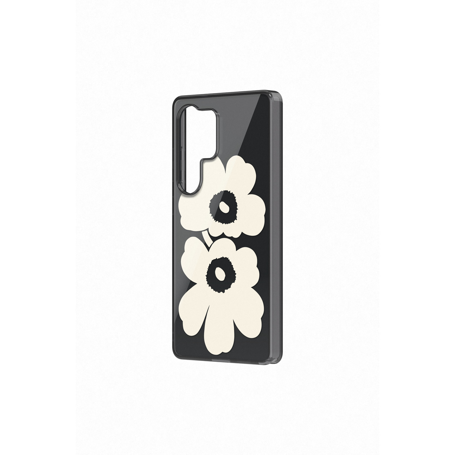 Coque de téléphone noire avec des fleurs blanches sur une surface blanche.