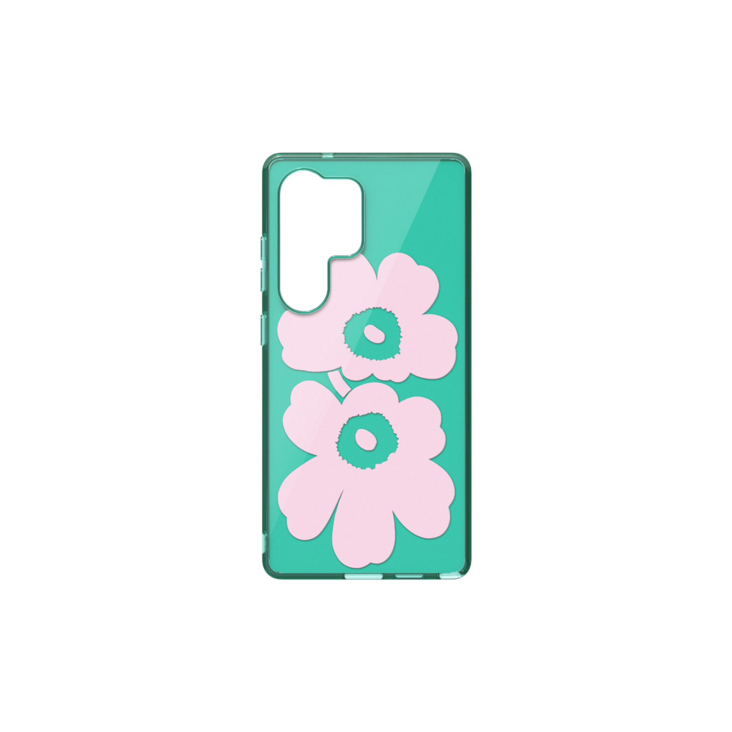 Transparante telefoonhoes met twee roze bloemdesigns op een teal achtergrond. Zwarte achtergrond.