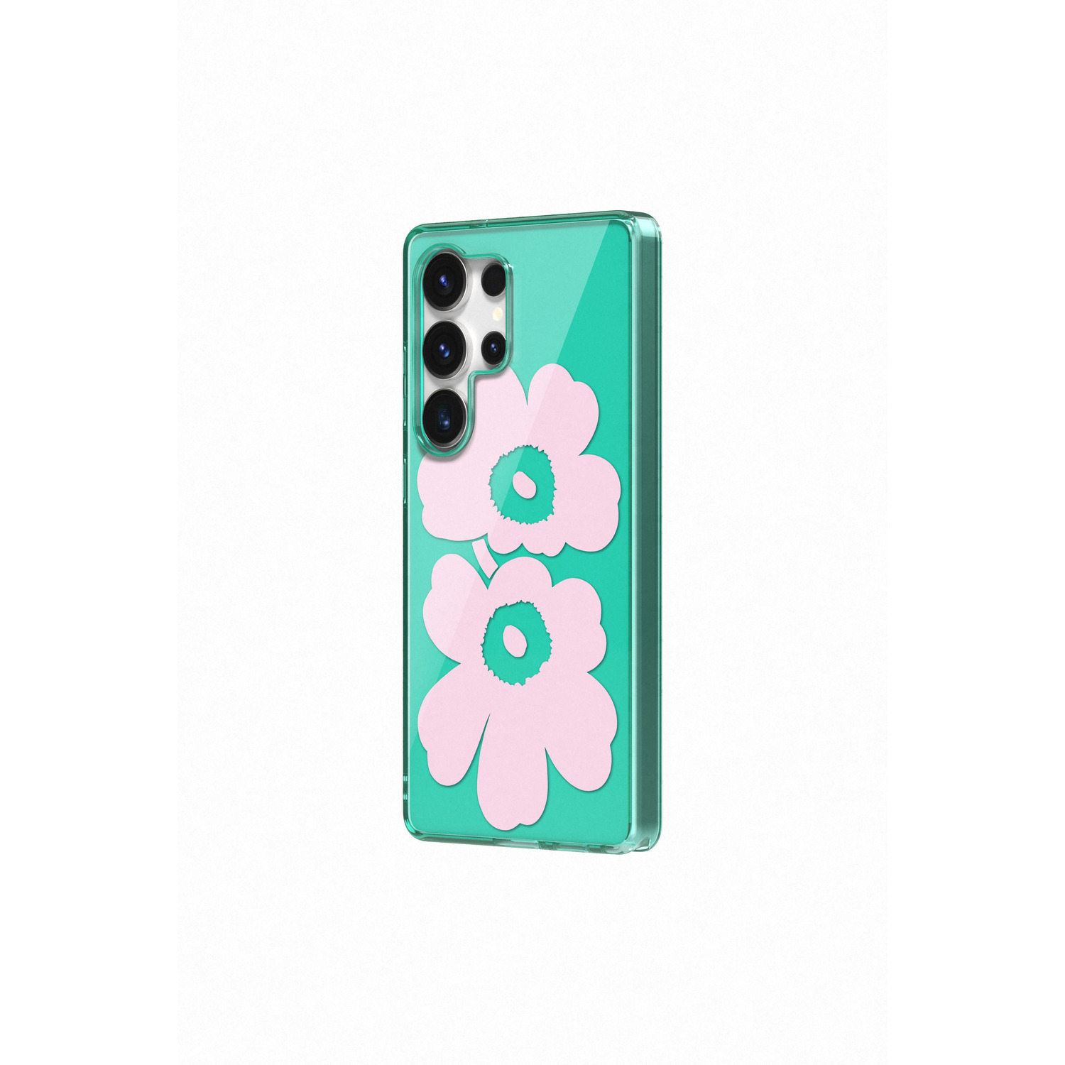 Een groene telefoonhoes met twee roze bloemmotieven. De telefoon is zichtbaar door de hoes.