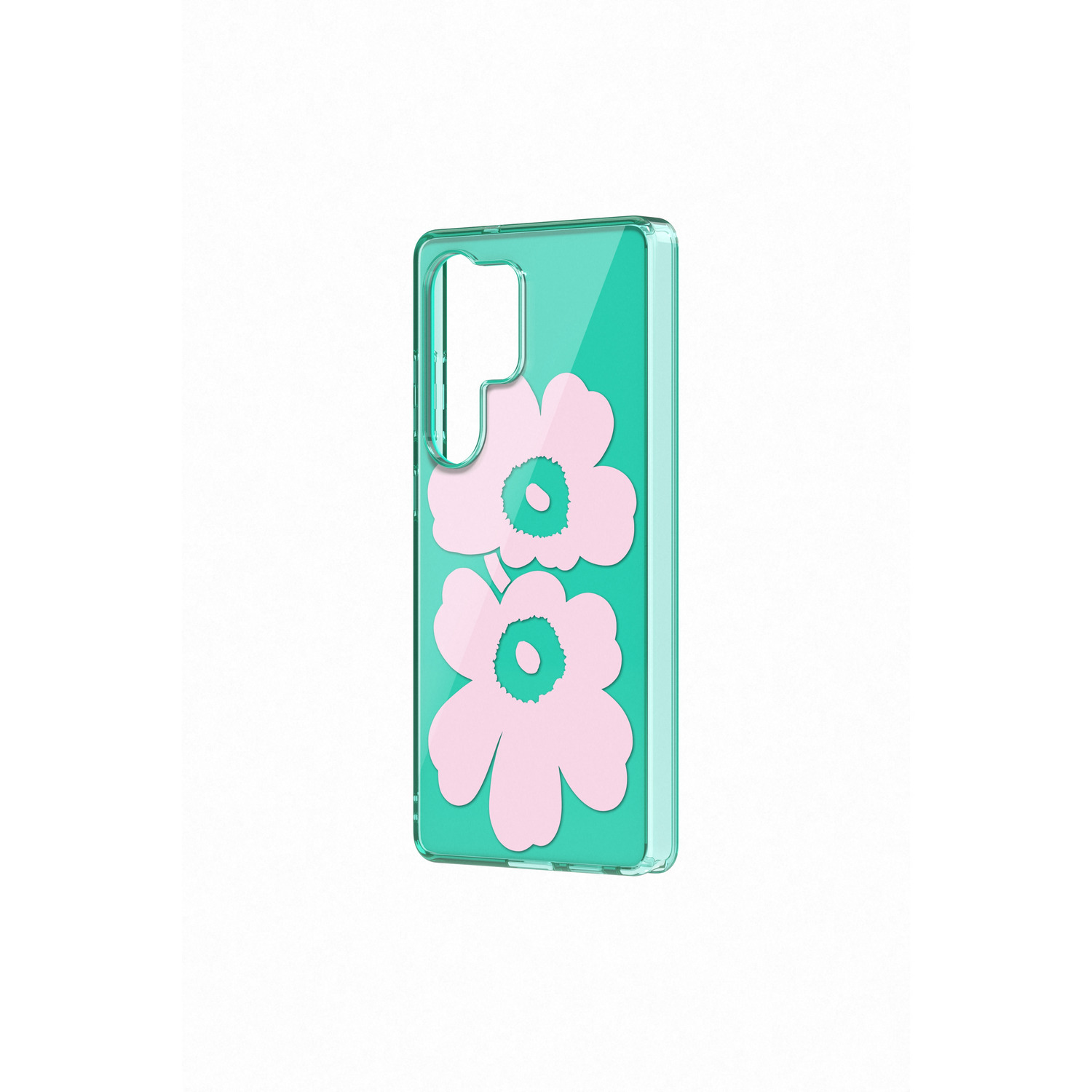 Transparante telefoonhoes met roze bloemenontwerp. Groene achtergrond. Witte achtergrond.