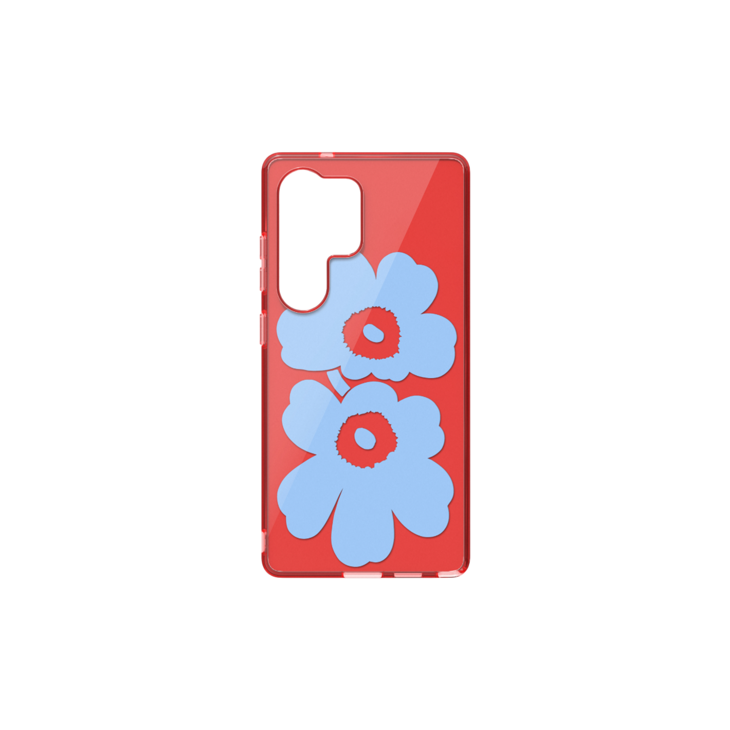 Rode telefoonhoes met blauw bloemdesign. Zwarte camera-uitsparing aan de bovenkant.