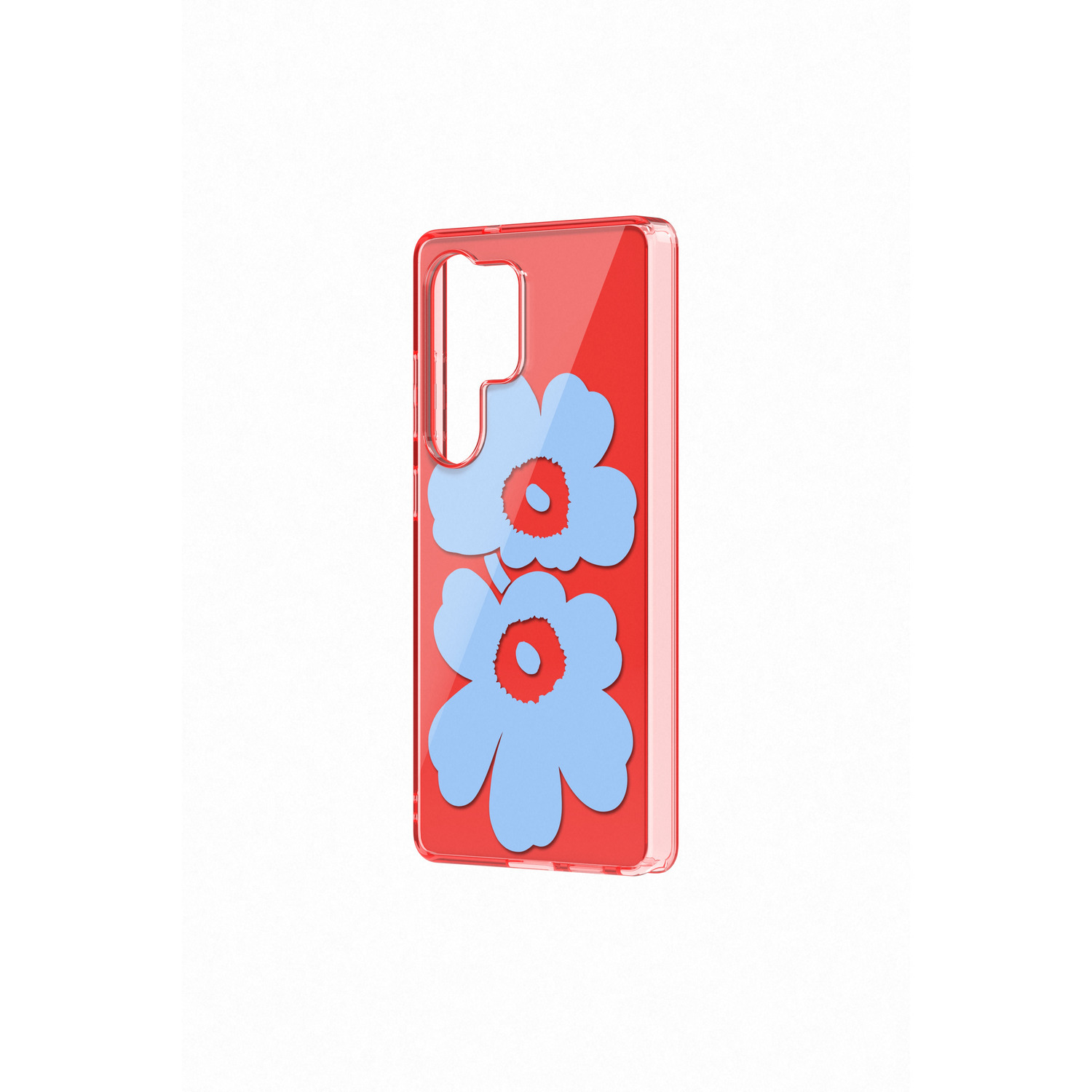 Rode telefoonhoes met twee blauwe bloemontwerpen. Transparante randen.