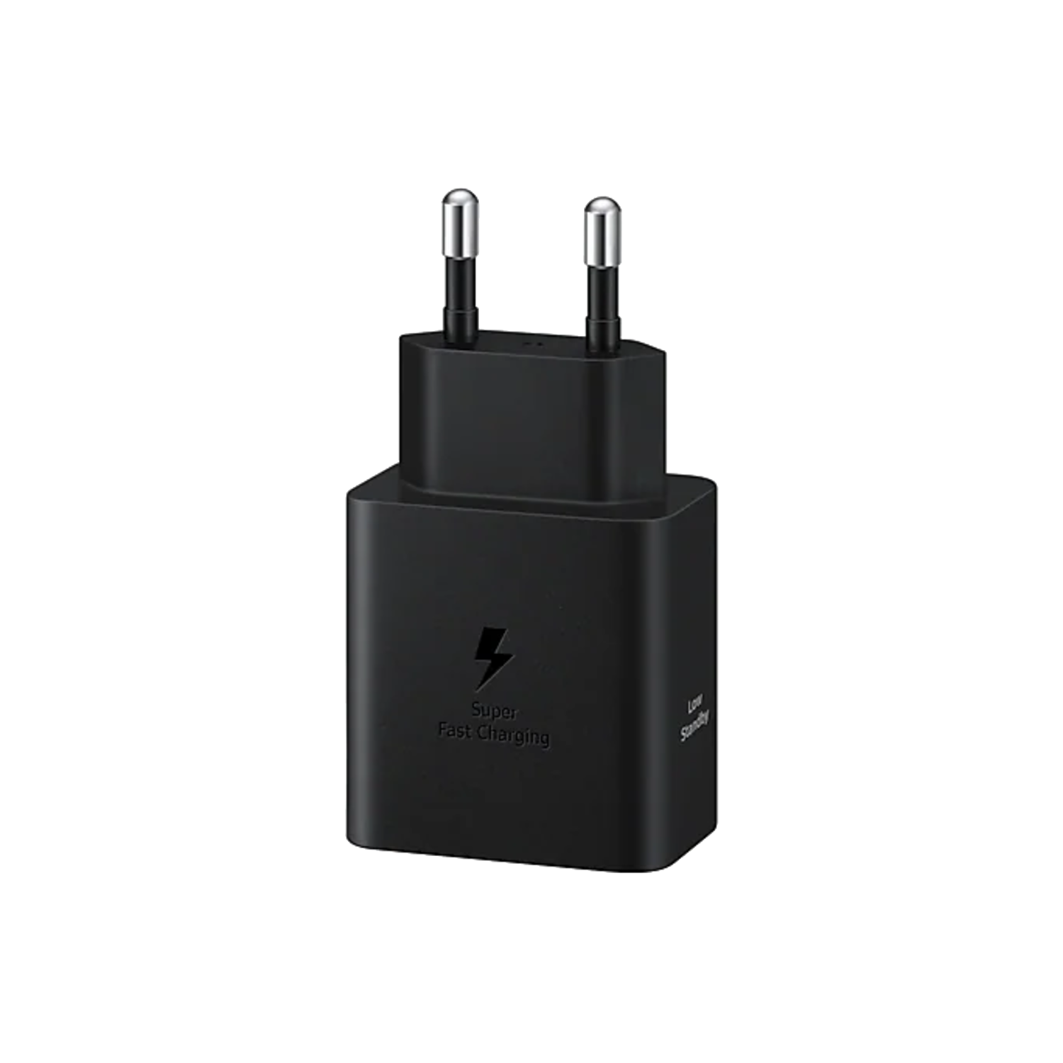 Zwarte wandlader met twee pinnen en de tekst 'Super Fast Charging'.