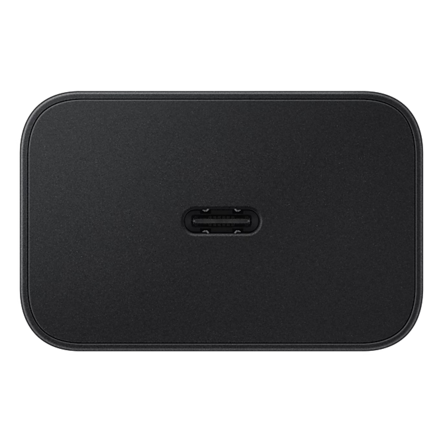 Een zwarte USB-C-oplader met een Type-C-poort, op een witte achtergrond.