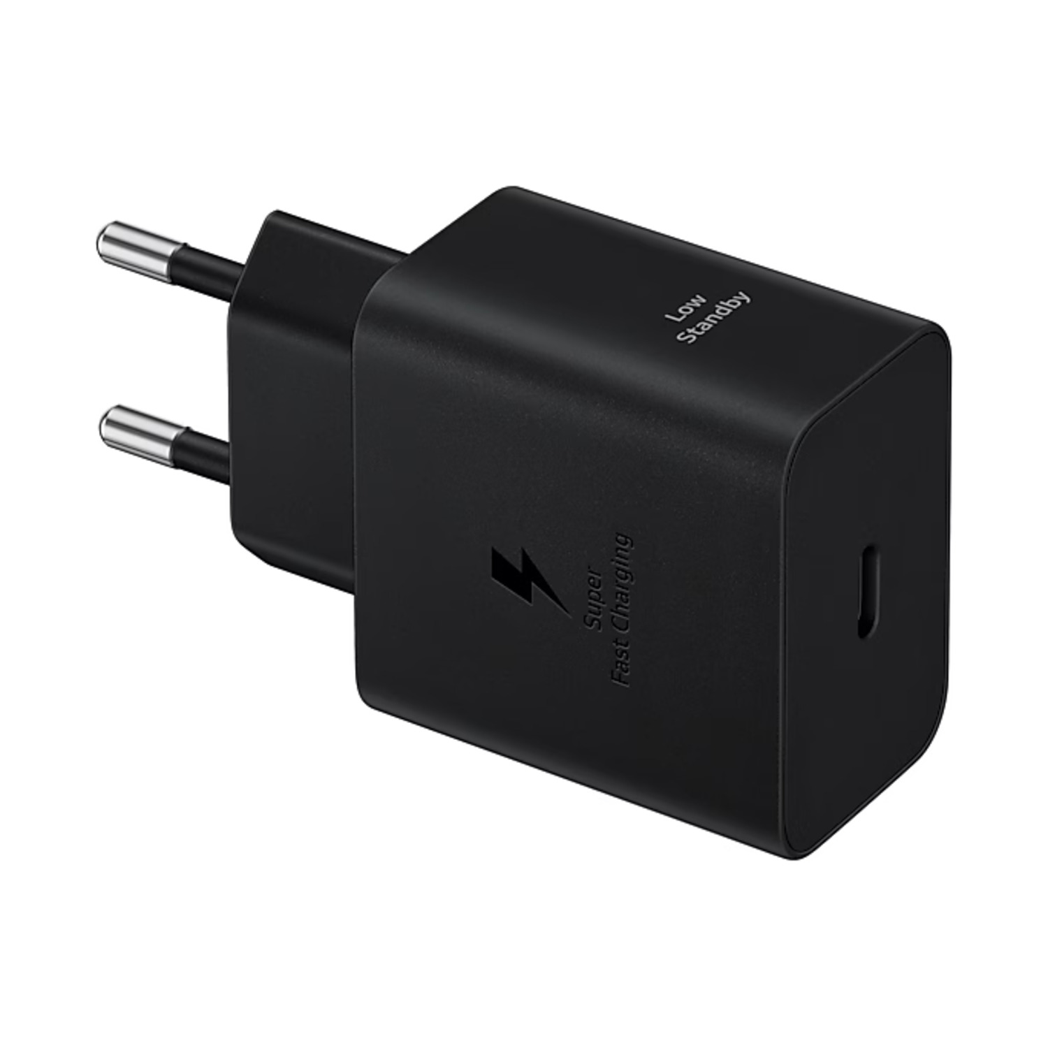 Zwarte oplader met twee pinnen, Super Fast Charging logo en een USB-C poort.