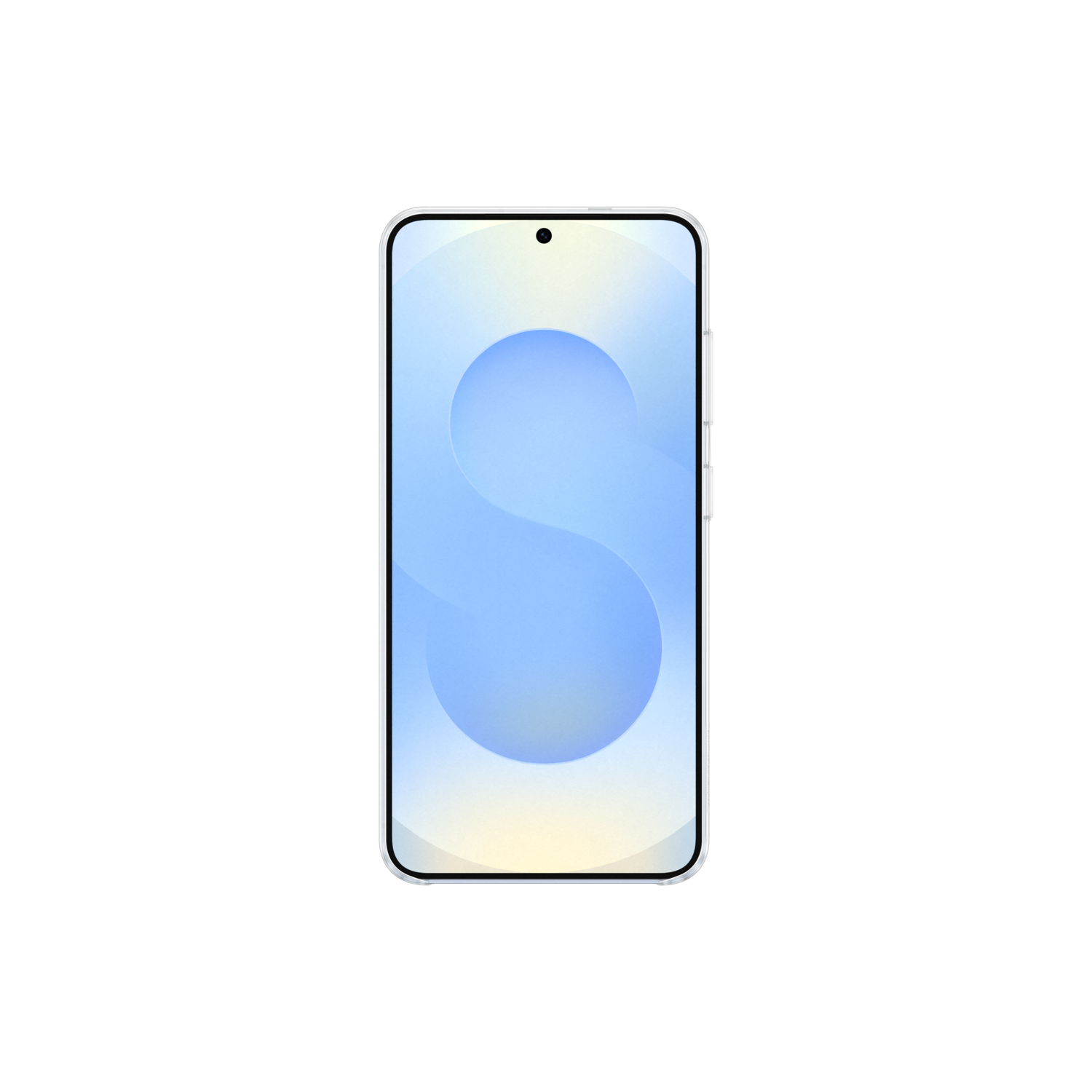 Witte smartphone met een lichtblauw S-ontwerp op het scherm.
